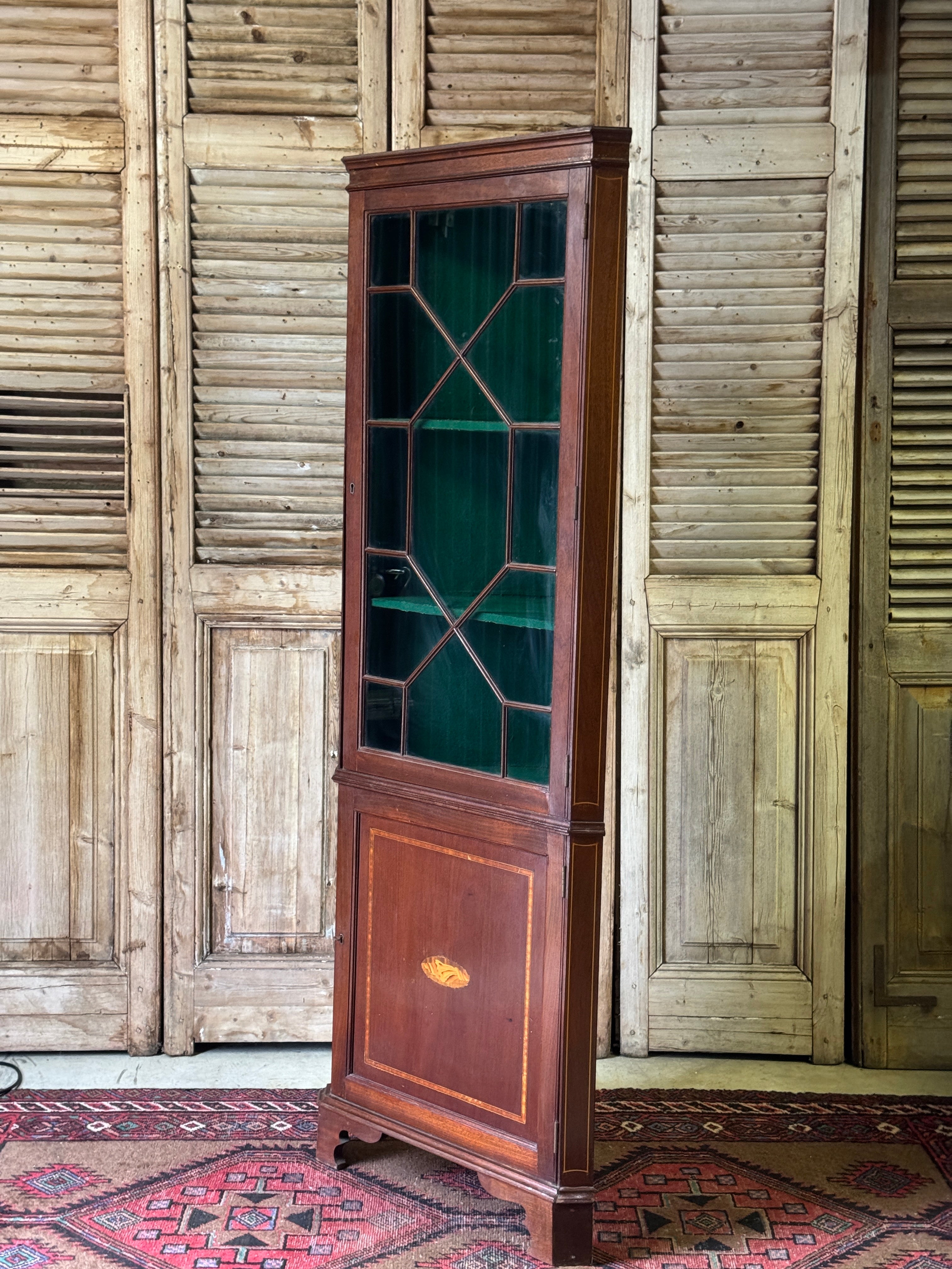Antique Edwardian Corner Cabinet with Astragal Door and Green Felt Lined Display