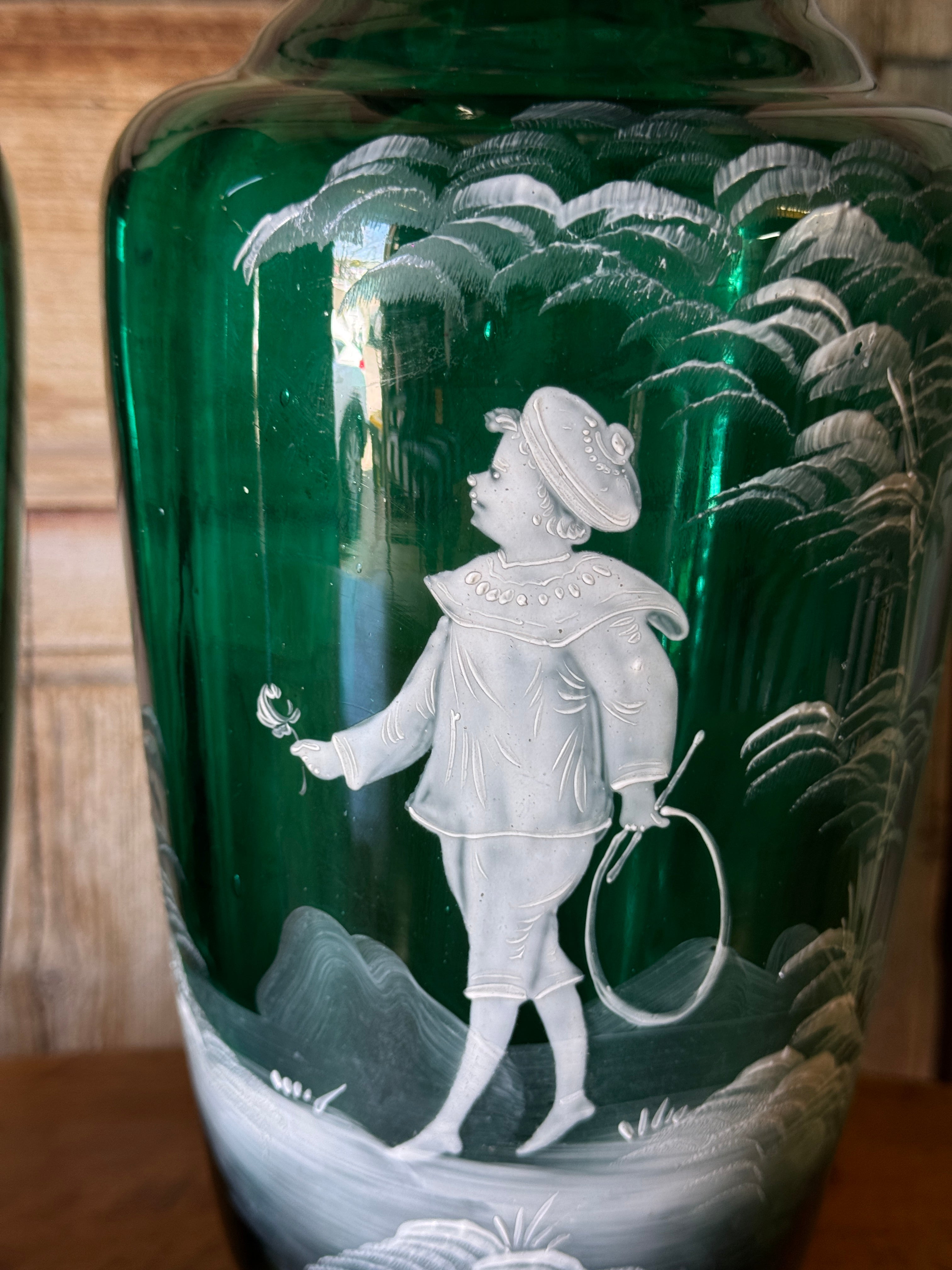 Pair of Antique Emerald Green Mary Gregory Glass Vases, Late 19th Century