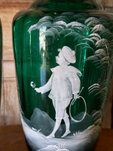 Pair of Antique Emerald Green Mary Gregory Glass Vases, Late 19th Century