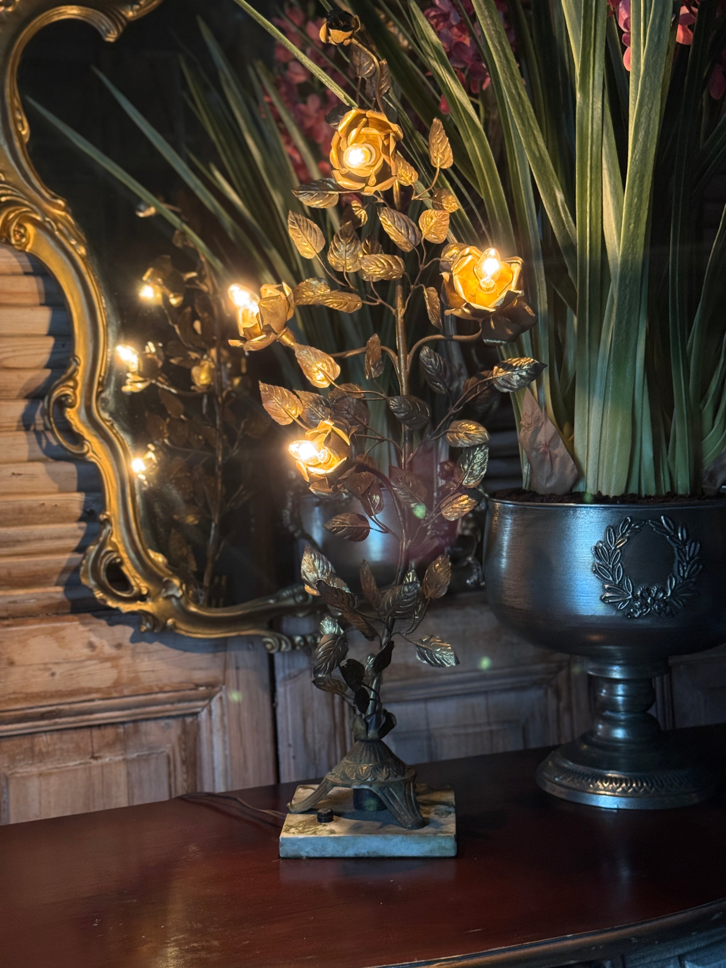 Italian Gilt Foliate Tole & Marble Base Table Lamp