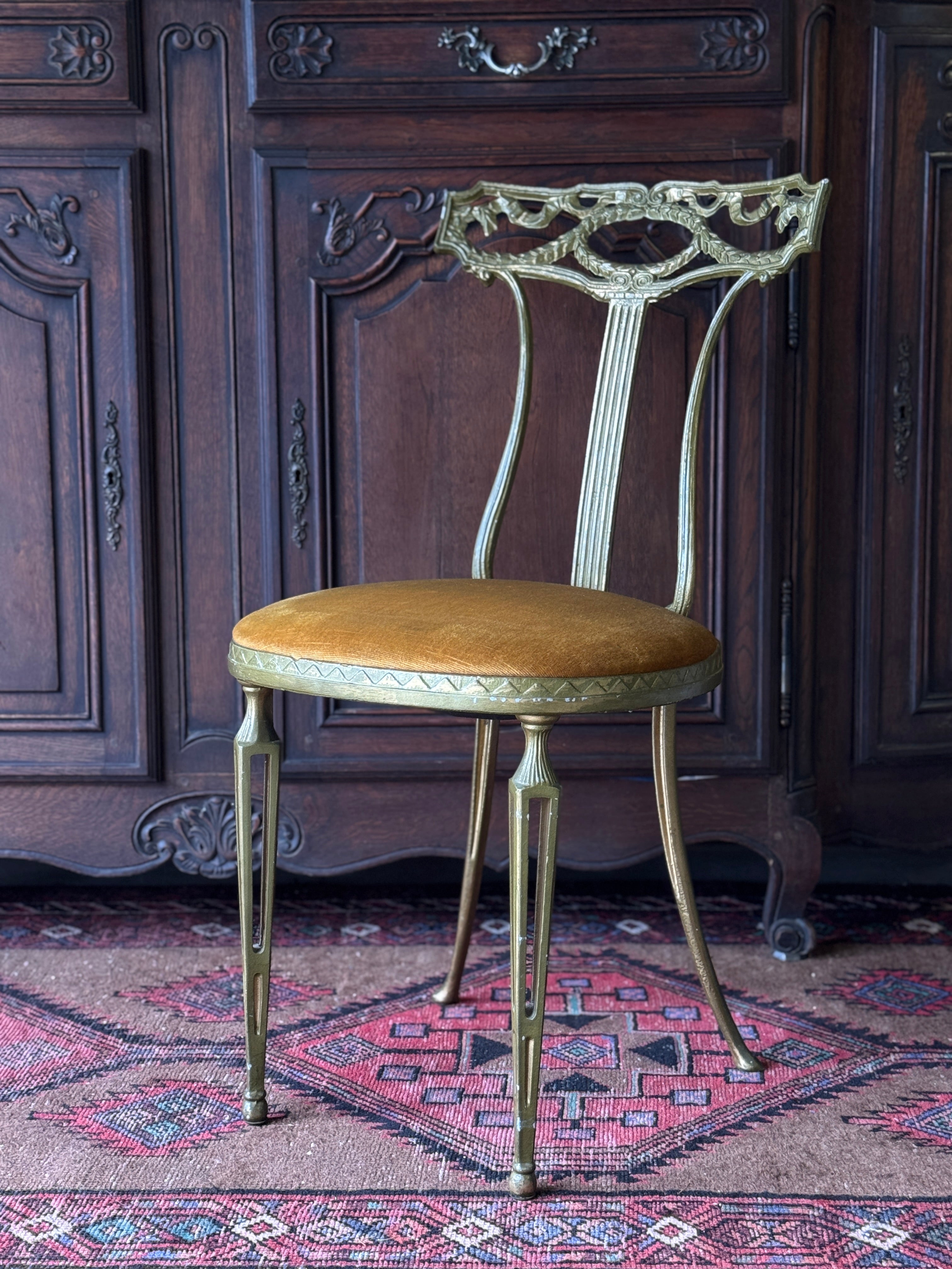Antique Palladio Neoclassical Style Gilt Metal Chair with Mustard Velvet Upholstery