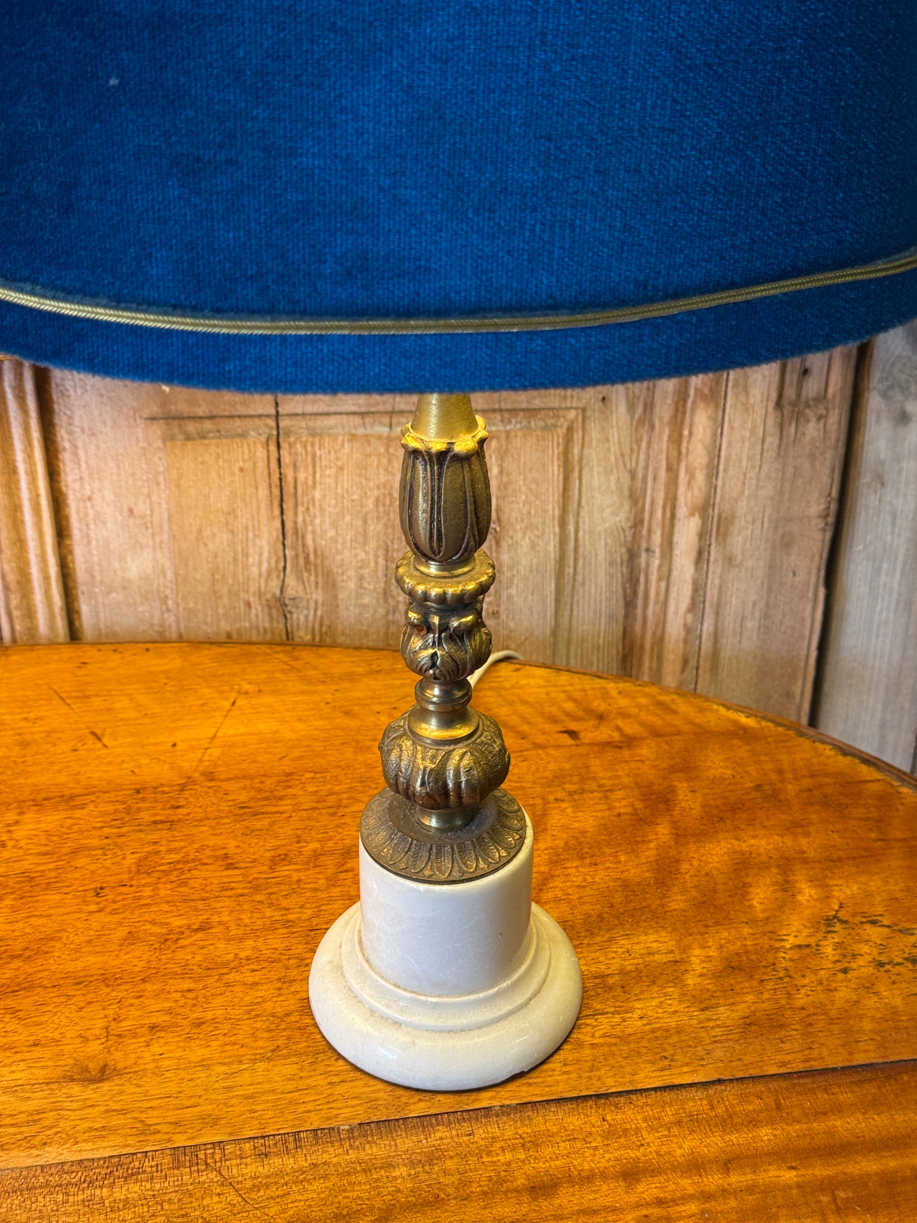 Pair of Blue Velvet Table Lamps With Marble Bases