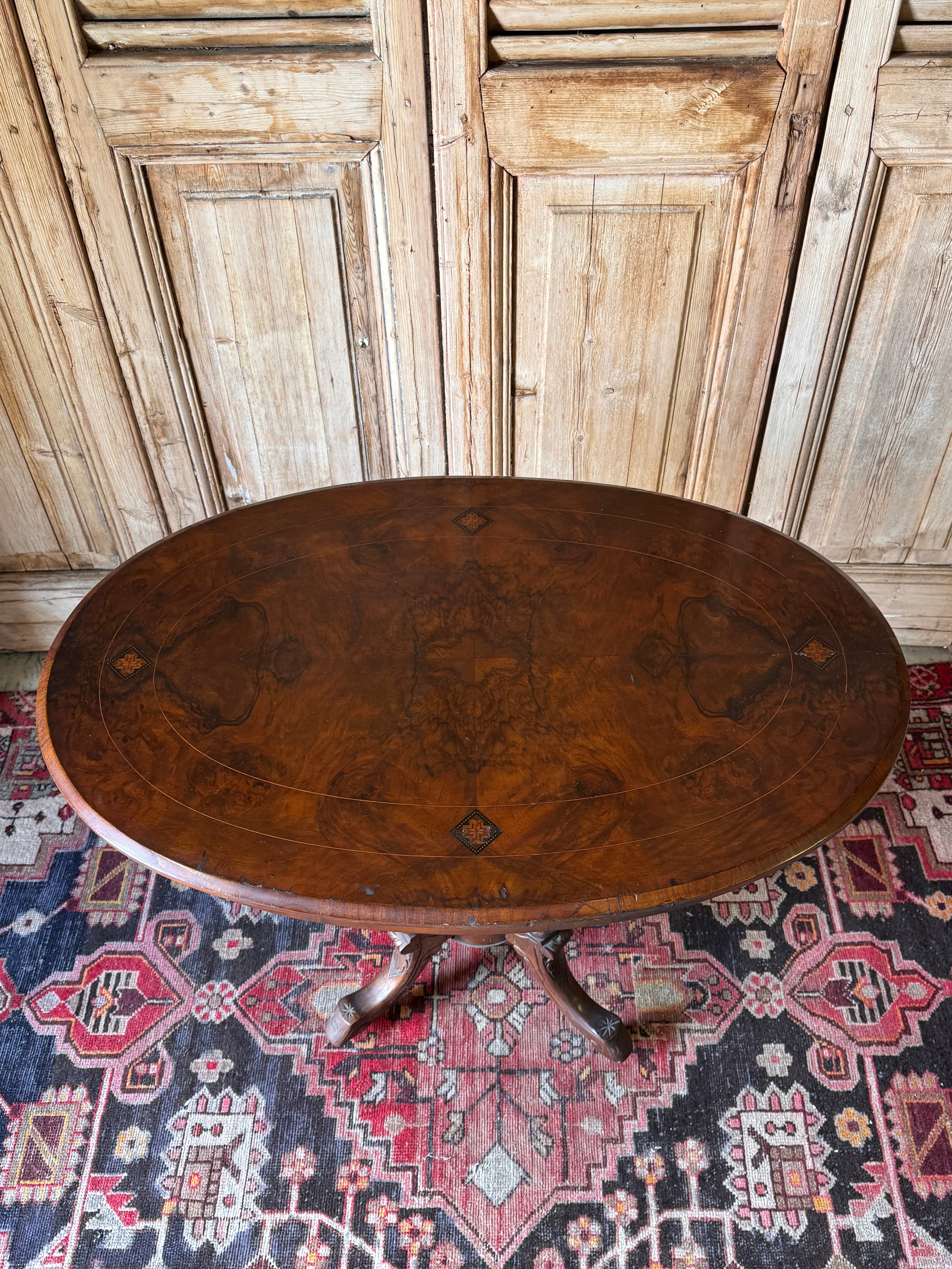 Antique Victorian Walnut Oval Table with Birdcage Base