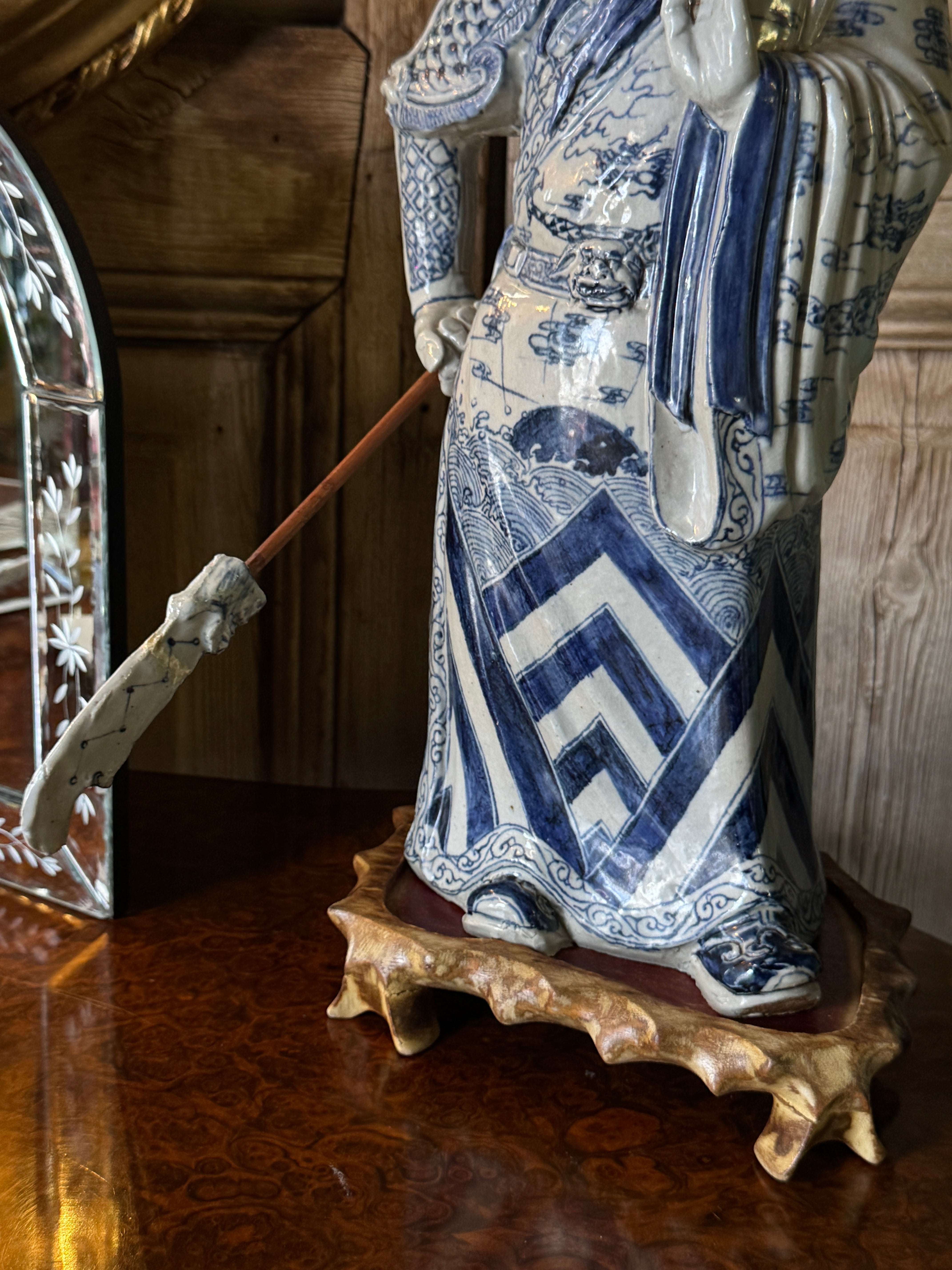 Large Handpainted Blue & White Chinese Porcelain Figure of Guan Yu with Staff