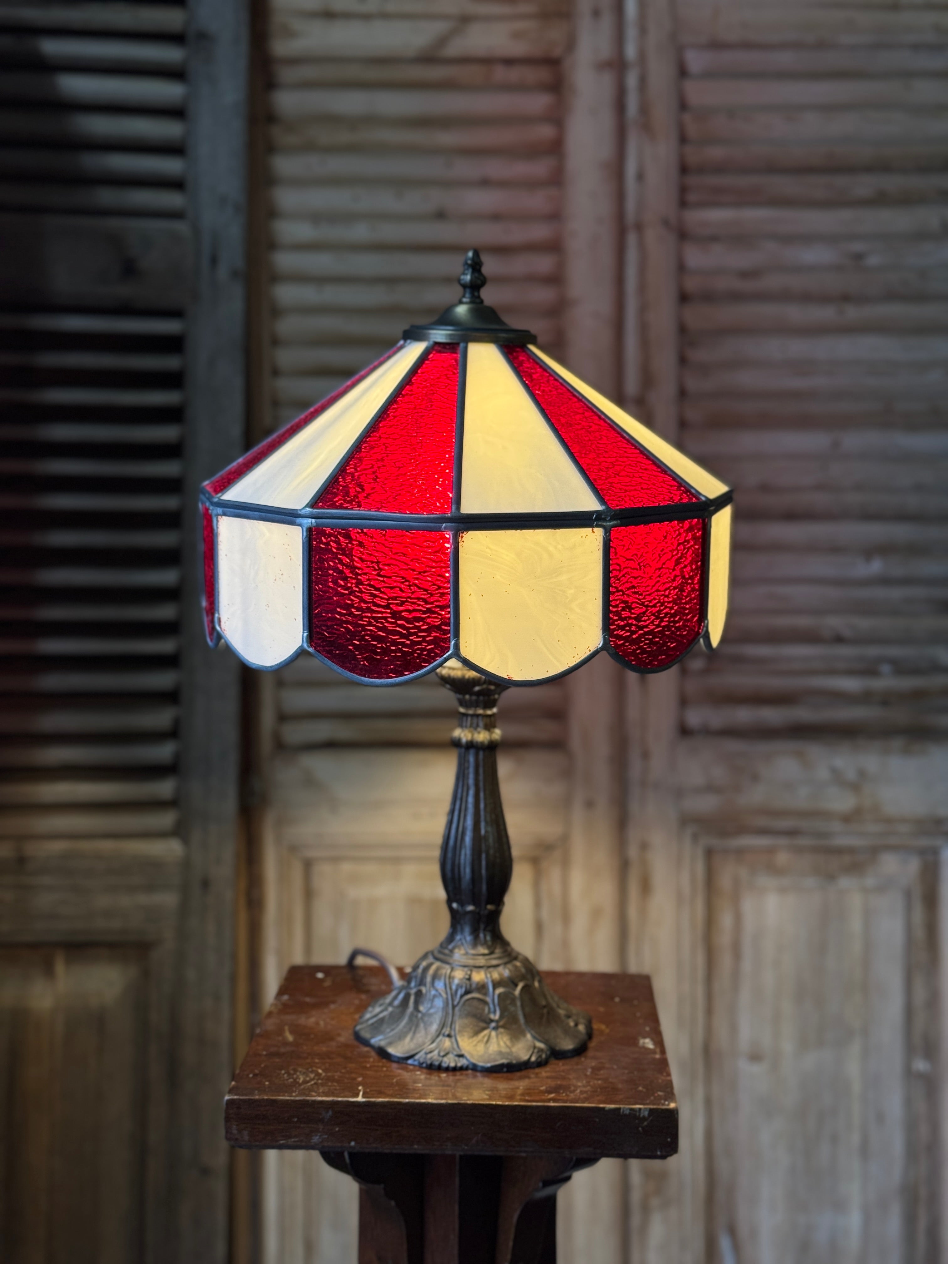Vintage Red & White Striped Leadlight Table Lamp