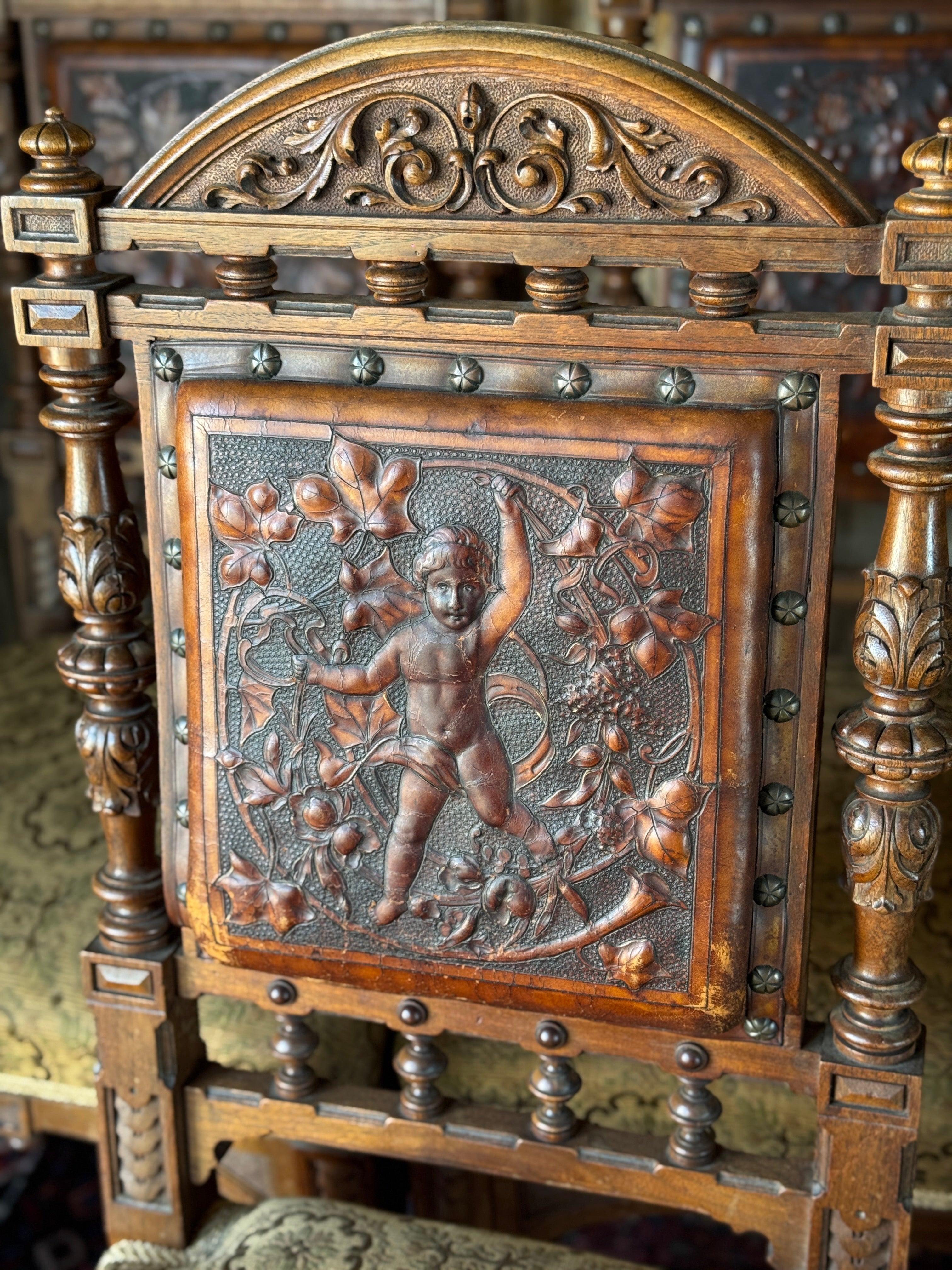 Set of 6 Antique 19th Century Renaissance Revival Dining Chairs with Embossed Leather Back Rests