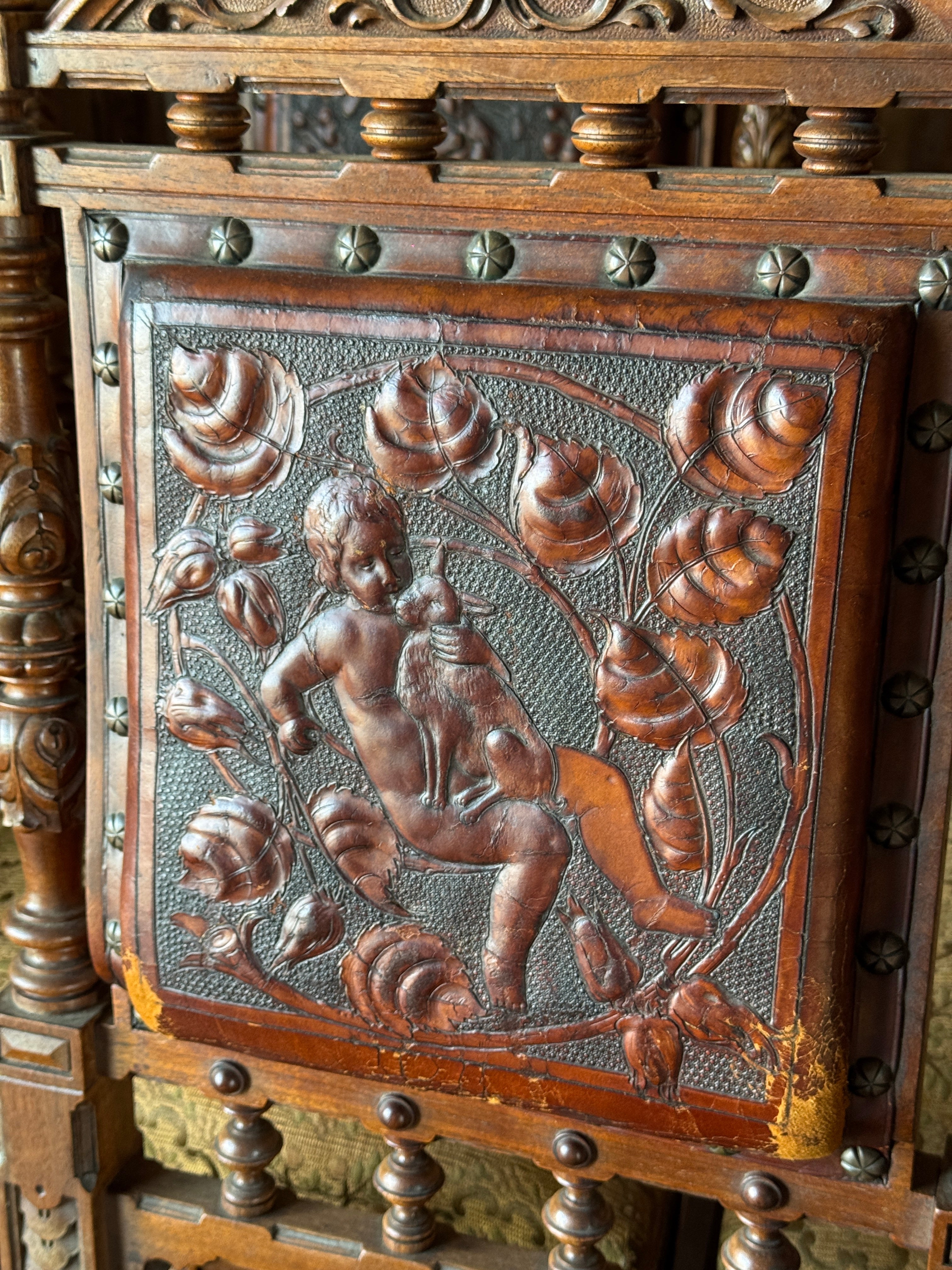 Set of 6 Antique 19th Century Renaissance Revival Dining Chairs with Embossed Leather Back Rests
