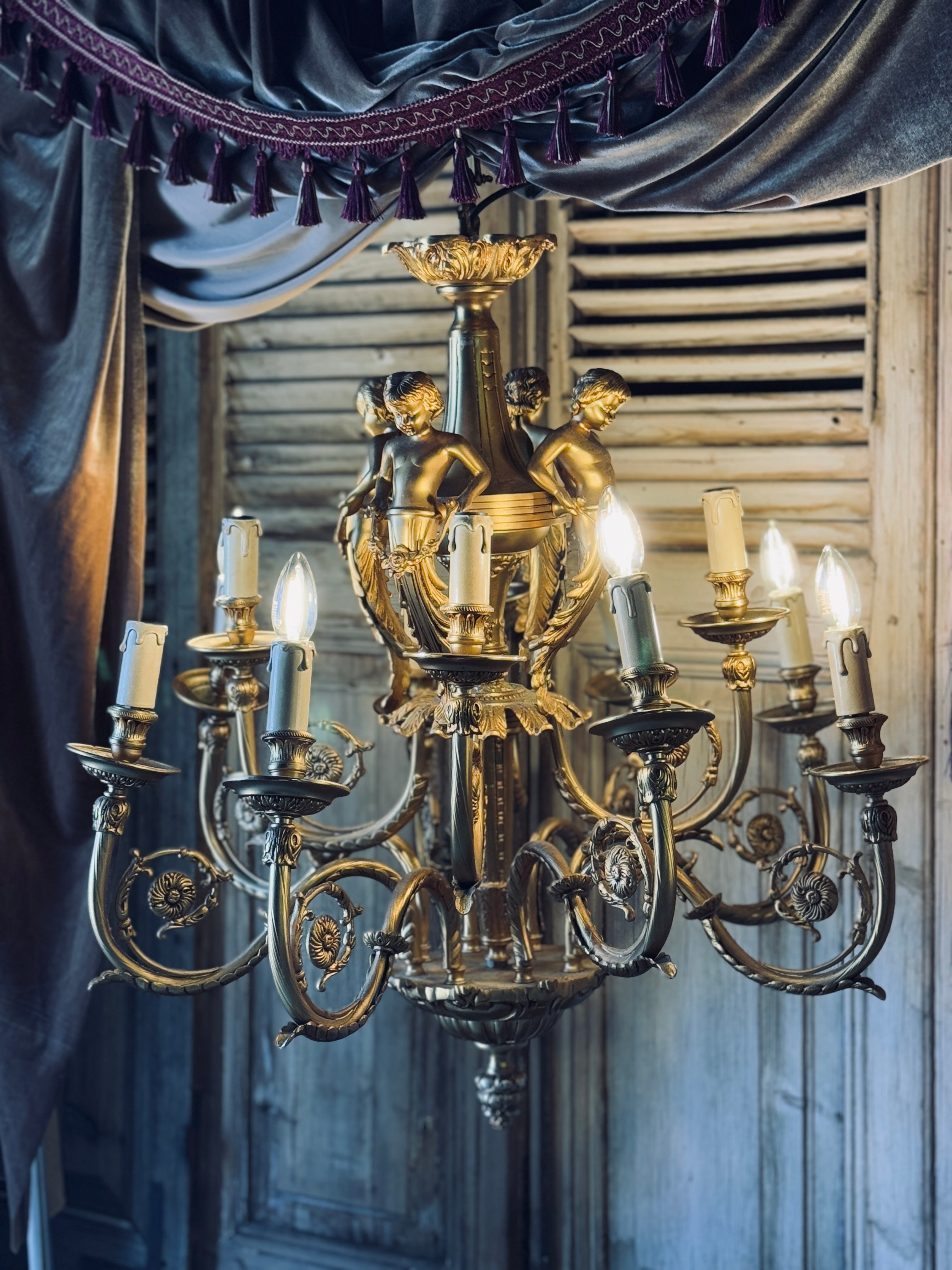 Vintage Brass 12-Arm Cherub Chandelier