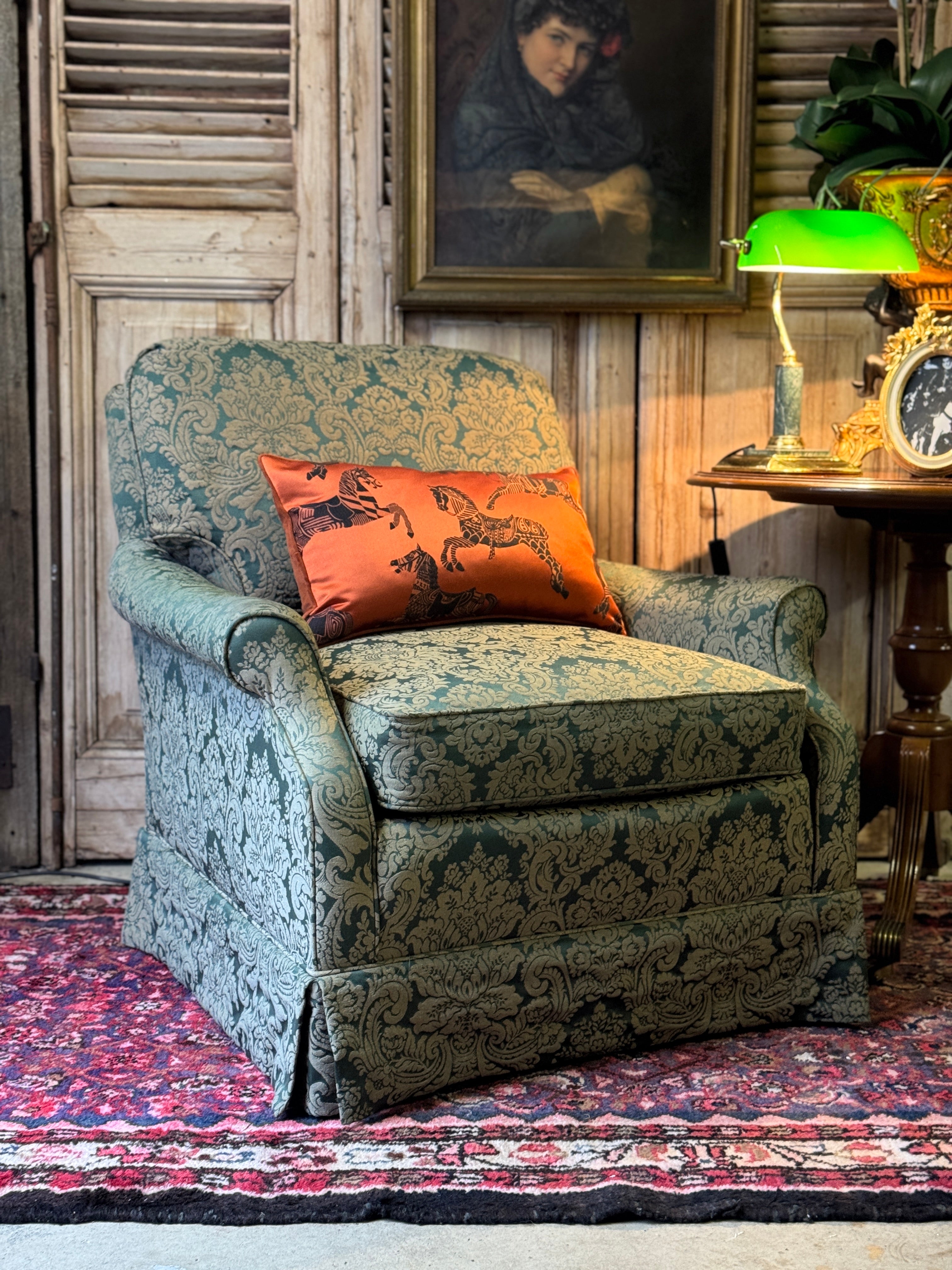 Vintage Green Damask Armchair