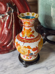 Small Chinese Cloisonné Vase with Gilt Seal Mark on Wooden Stand