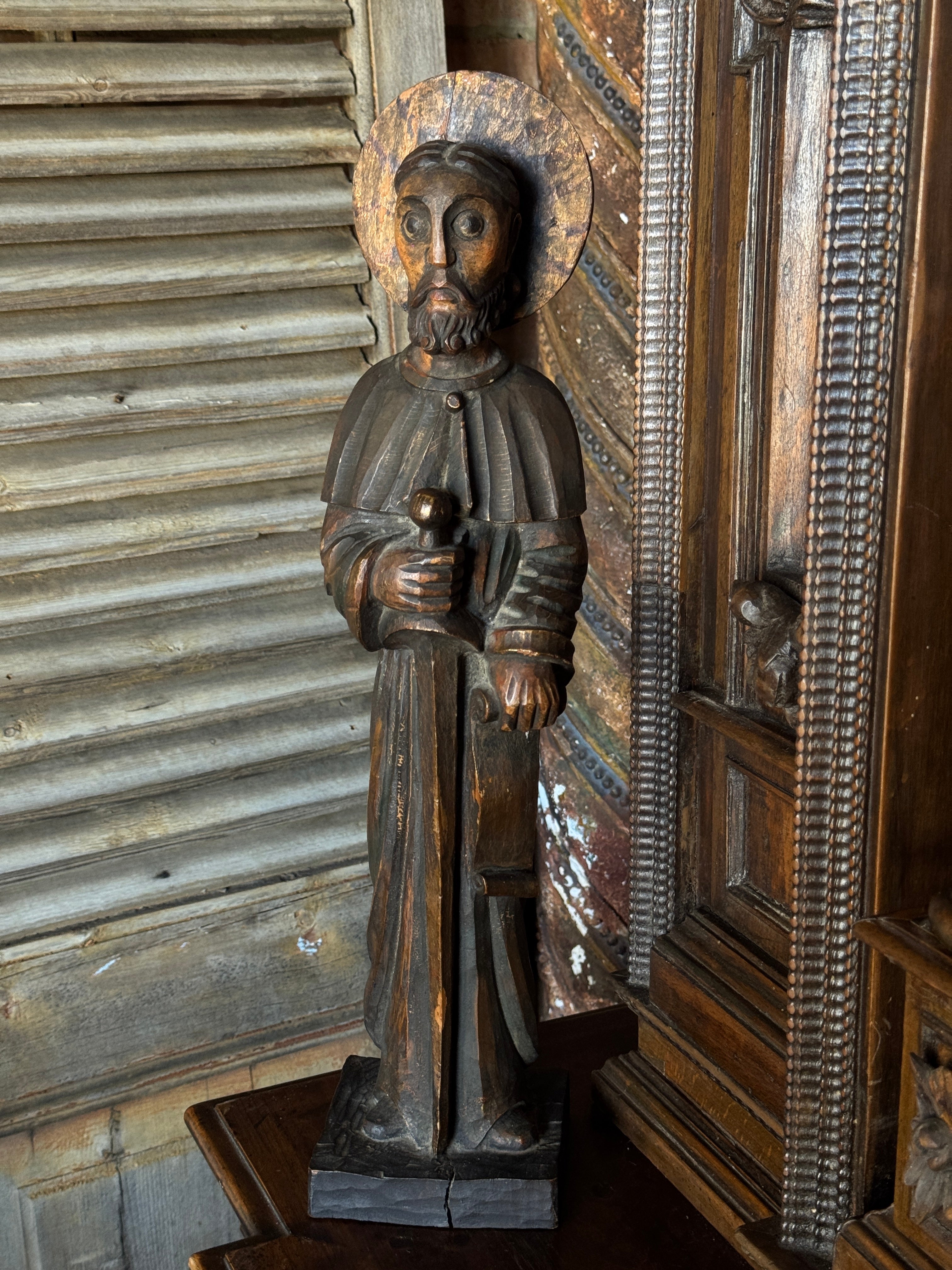 Antique Carved Timber Santos Figure of Saint Paul