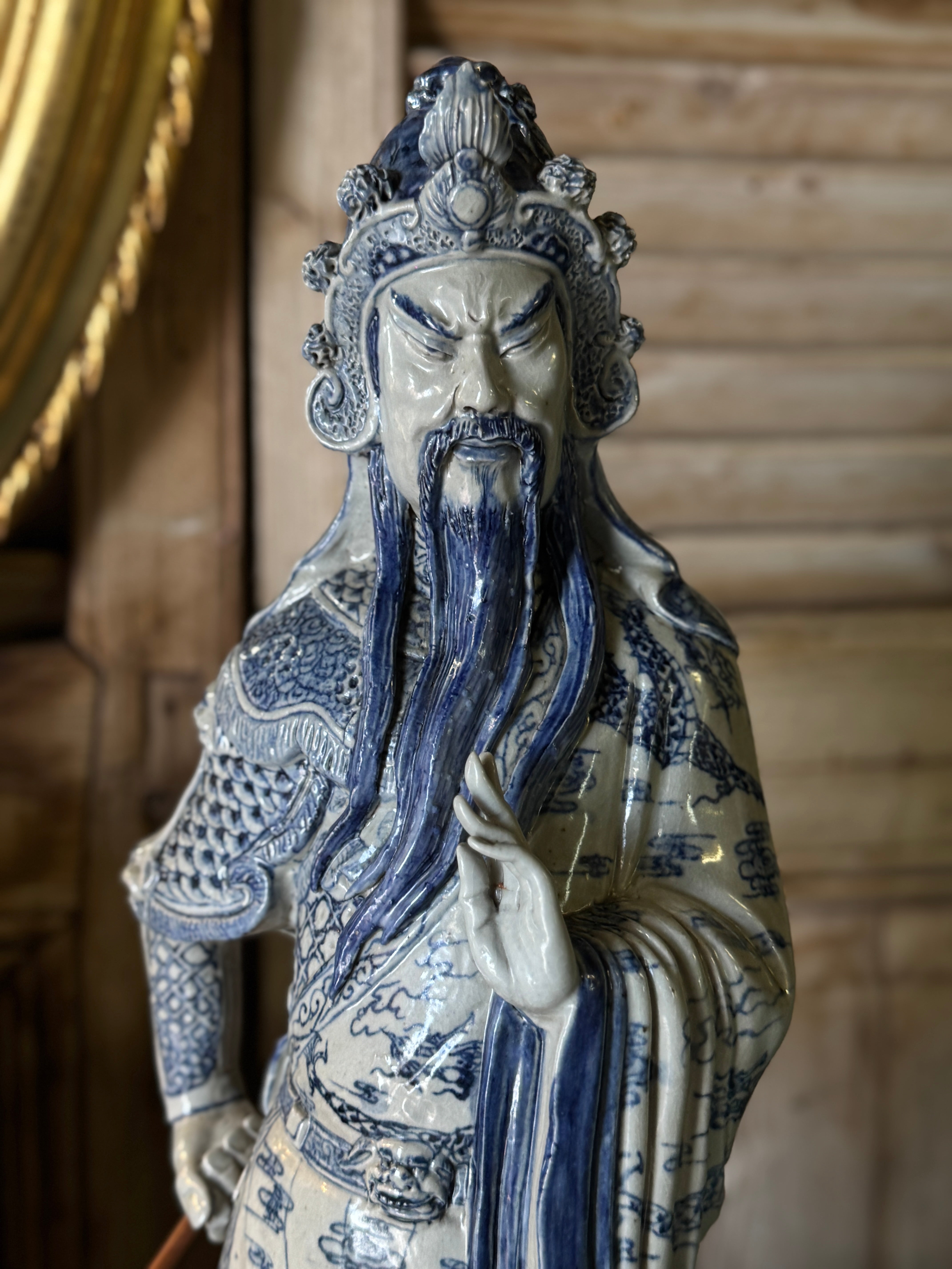 Large Handpainted Blue & White Chinese Porcelain Figure of Guan Yu with Staff