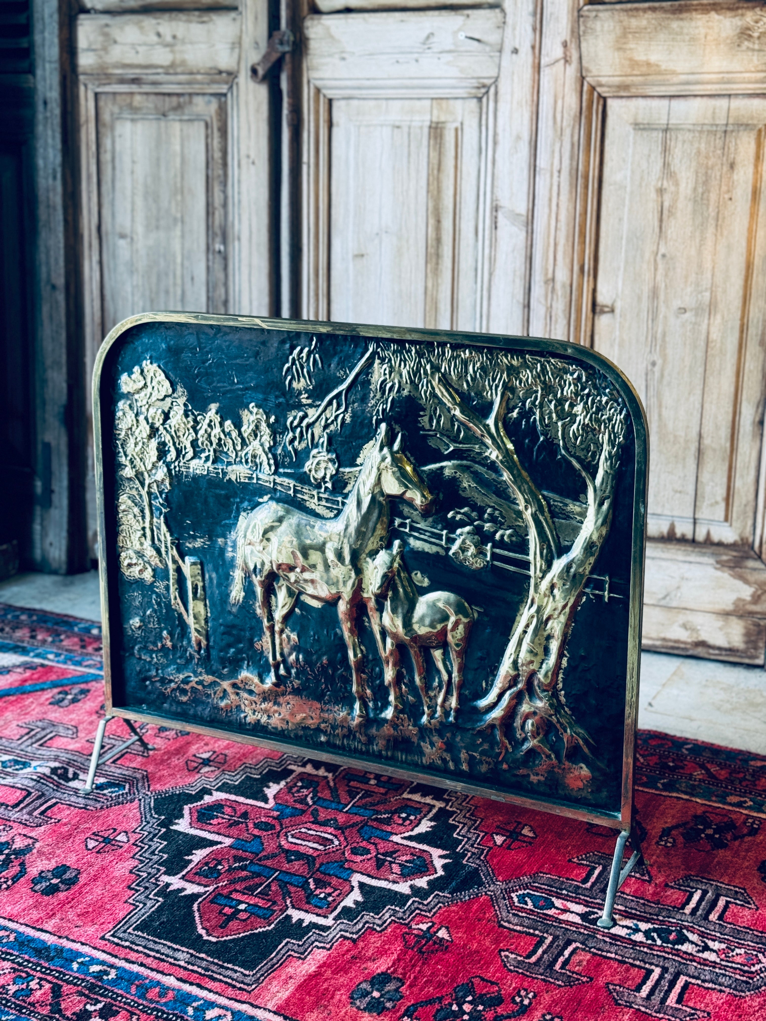 Vintage Brass Horse Firescreen