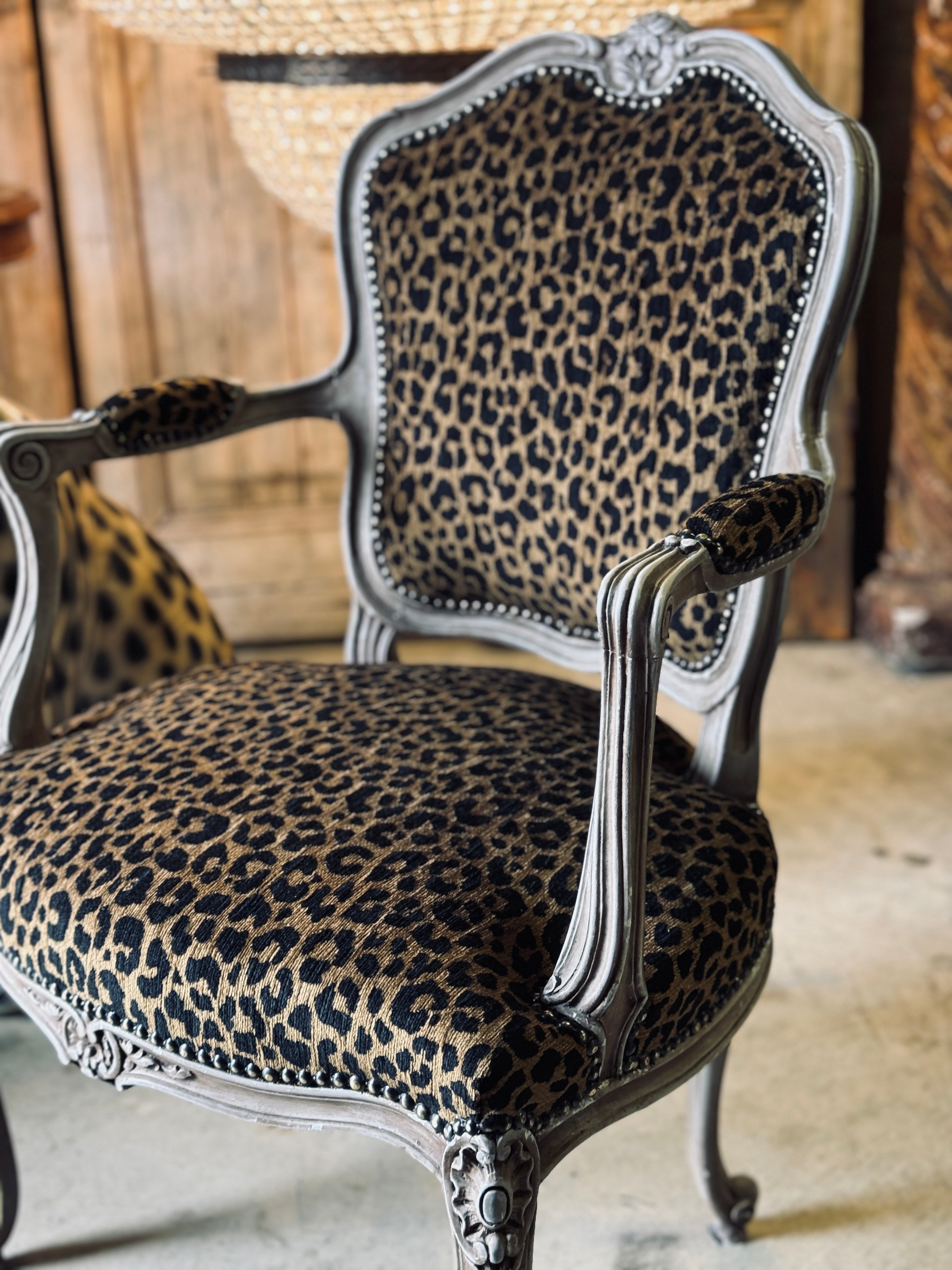 Vintage French Armchairs with Leopard Jacquard Upholstery