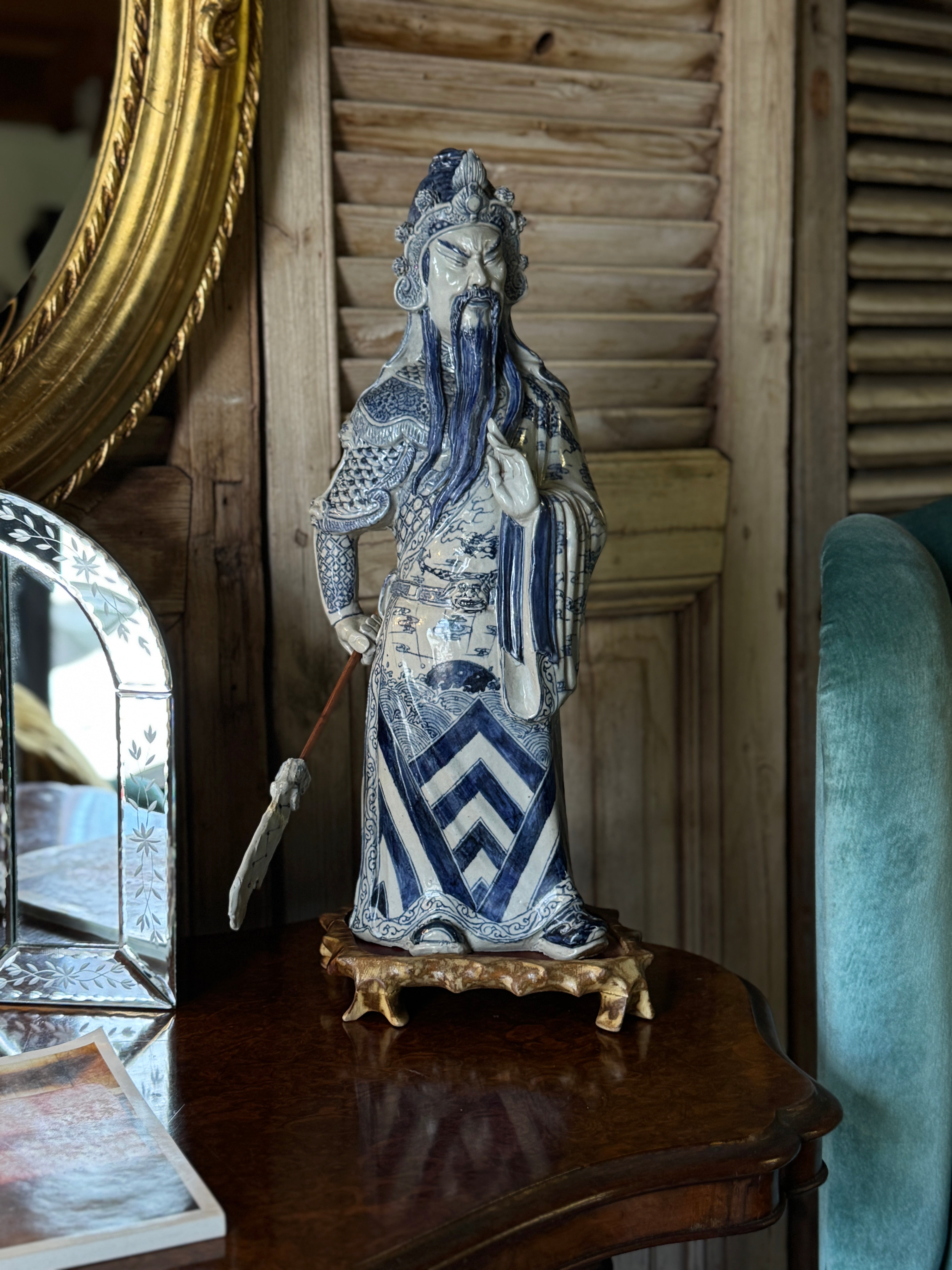 Large Handpainted Blue & White Chinese Porcelain Figure of Guan Yu with Staff