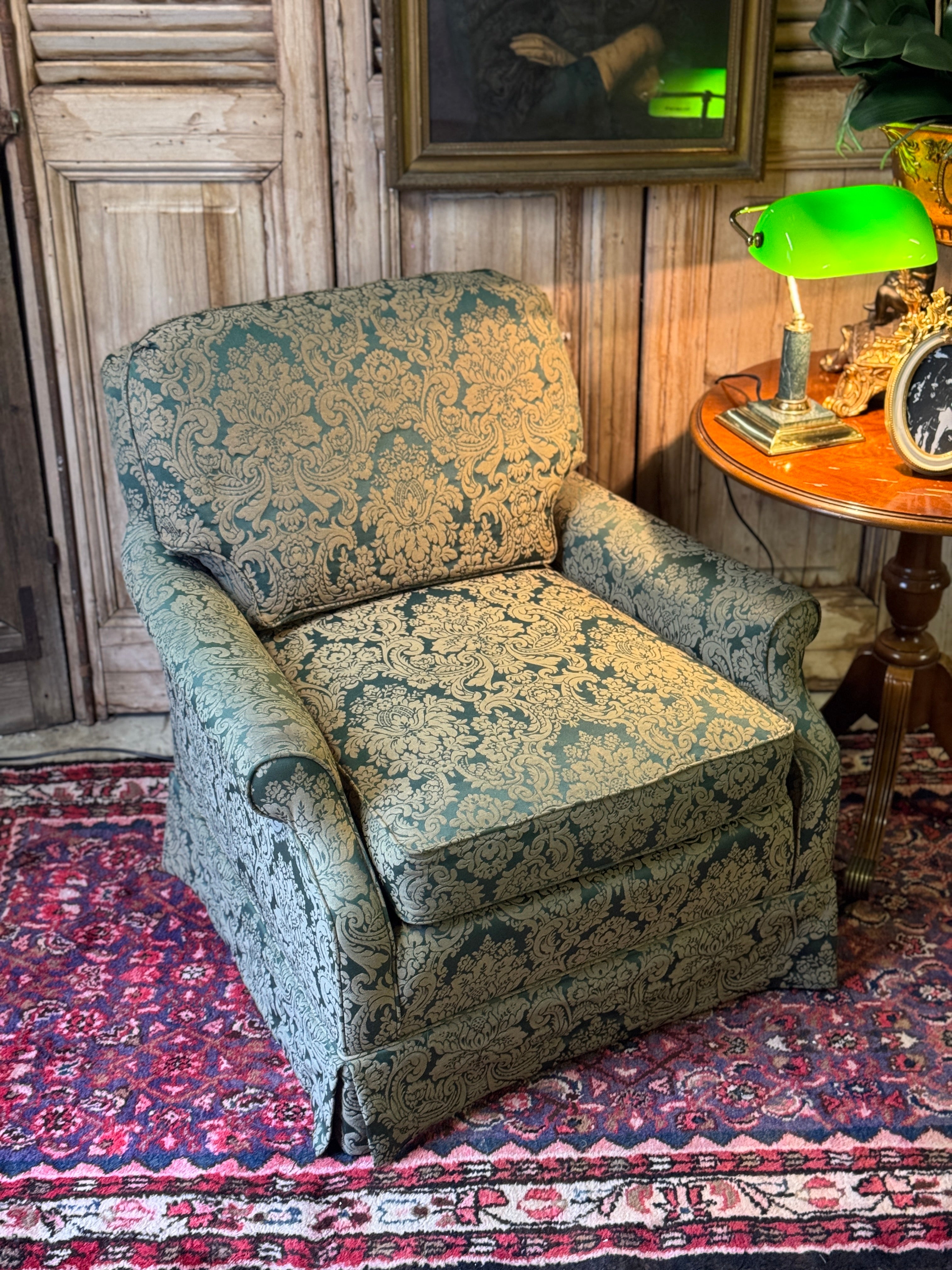 Vintage Green Damask Armchair
