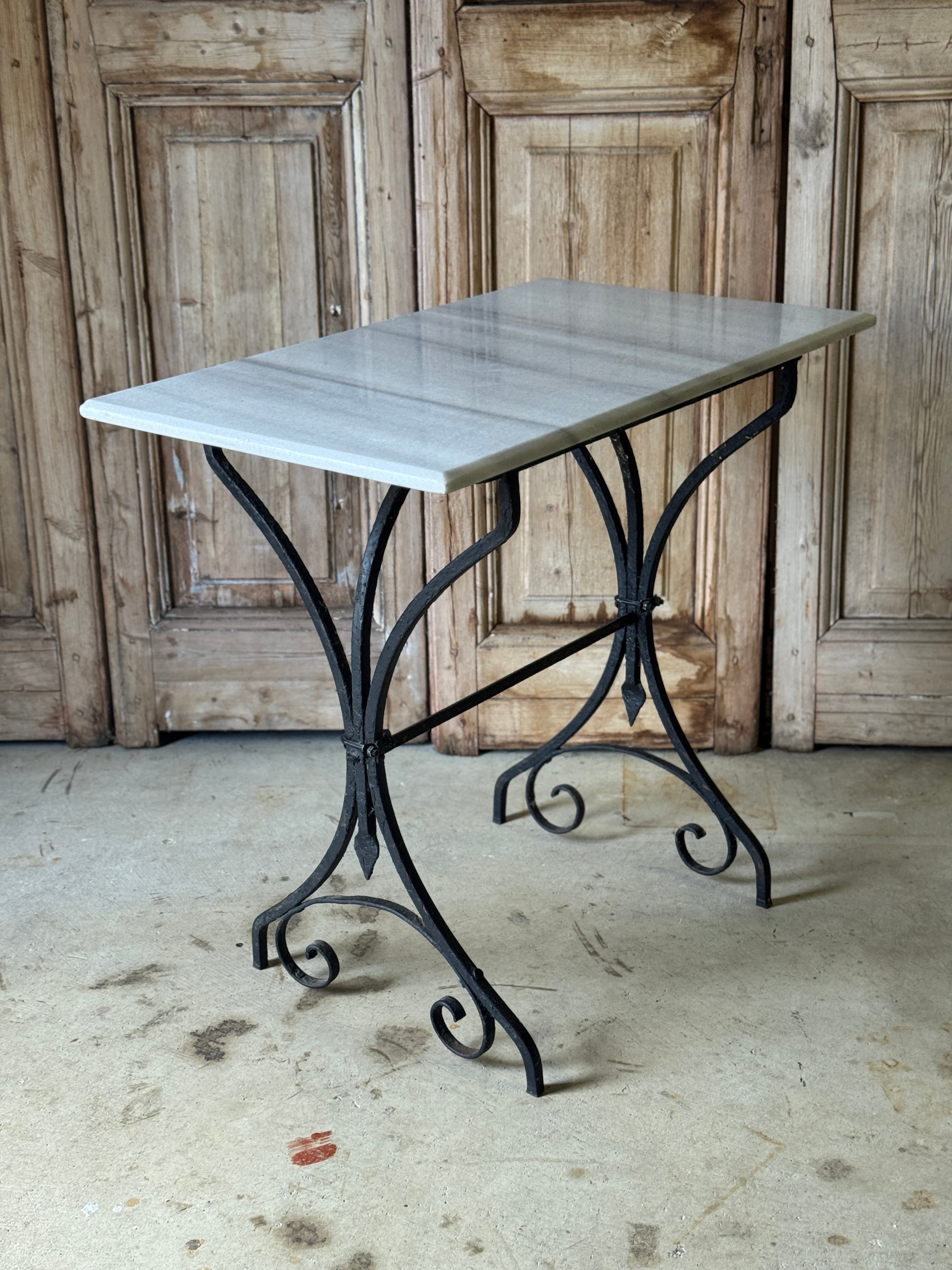 Vintage French Black Bistro Table with White Marble Top