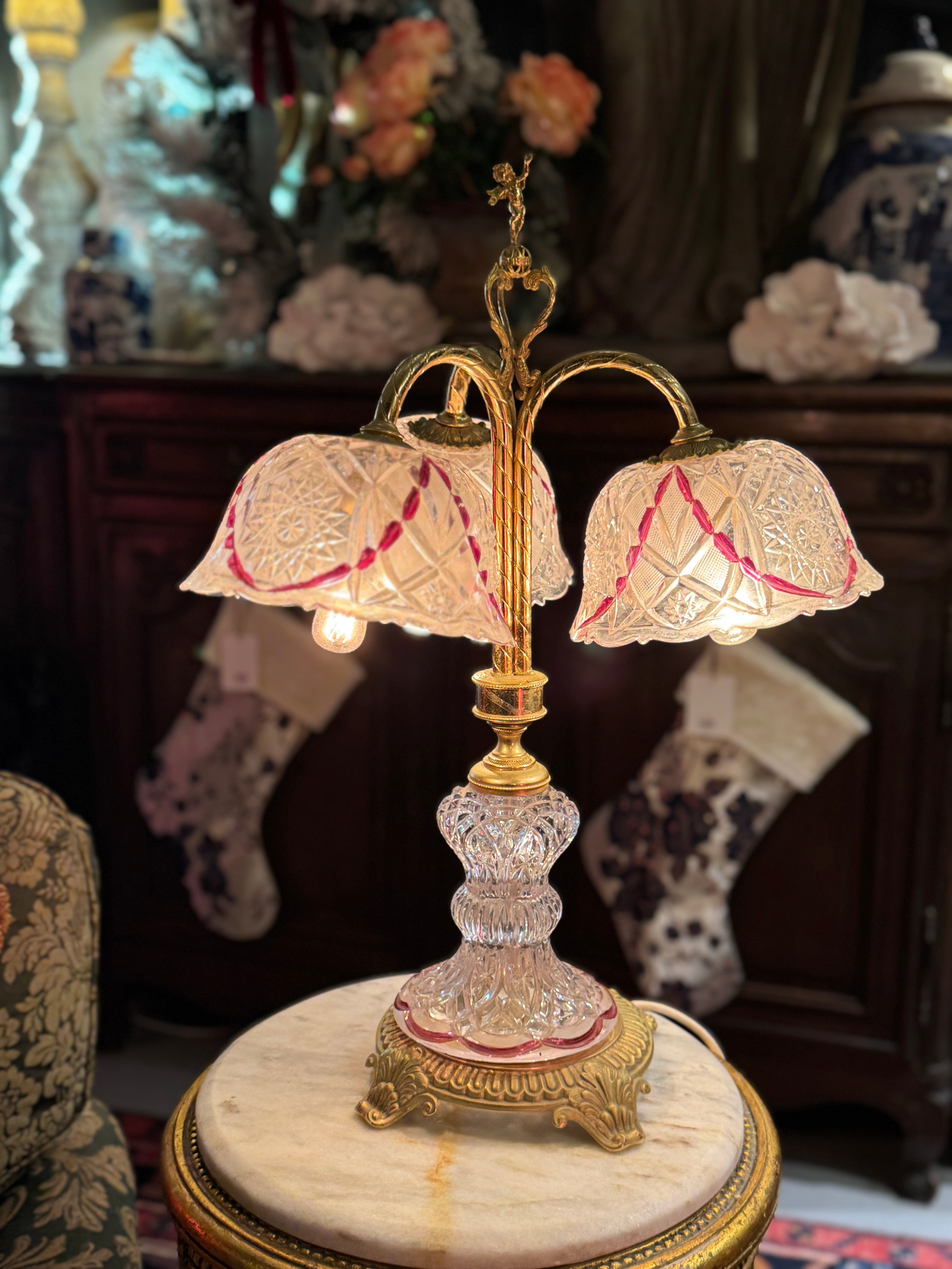 Vintage Cut Glass and Brass Cherub Lamp with Red Detail