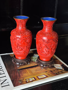 Pair of c. 1920-50s Chinese Red Cinnabar Vases on Fitted Timber Bases