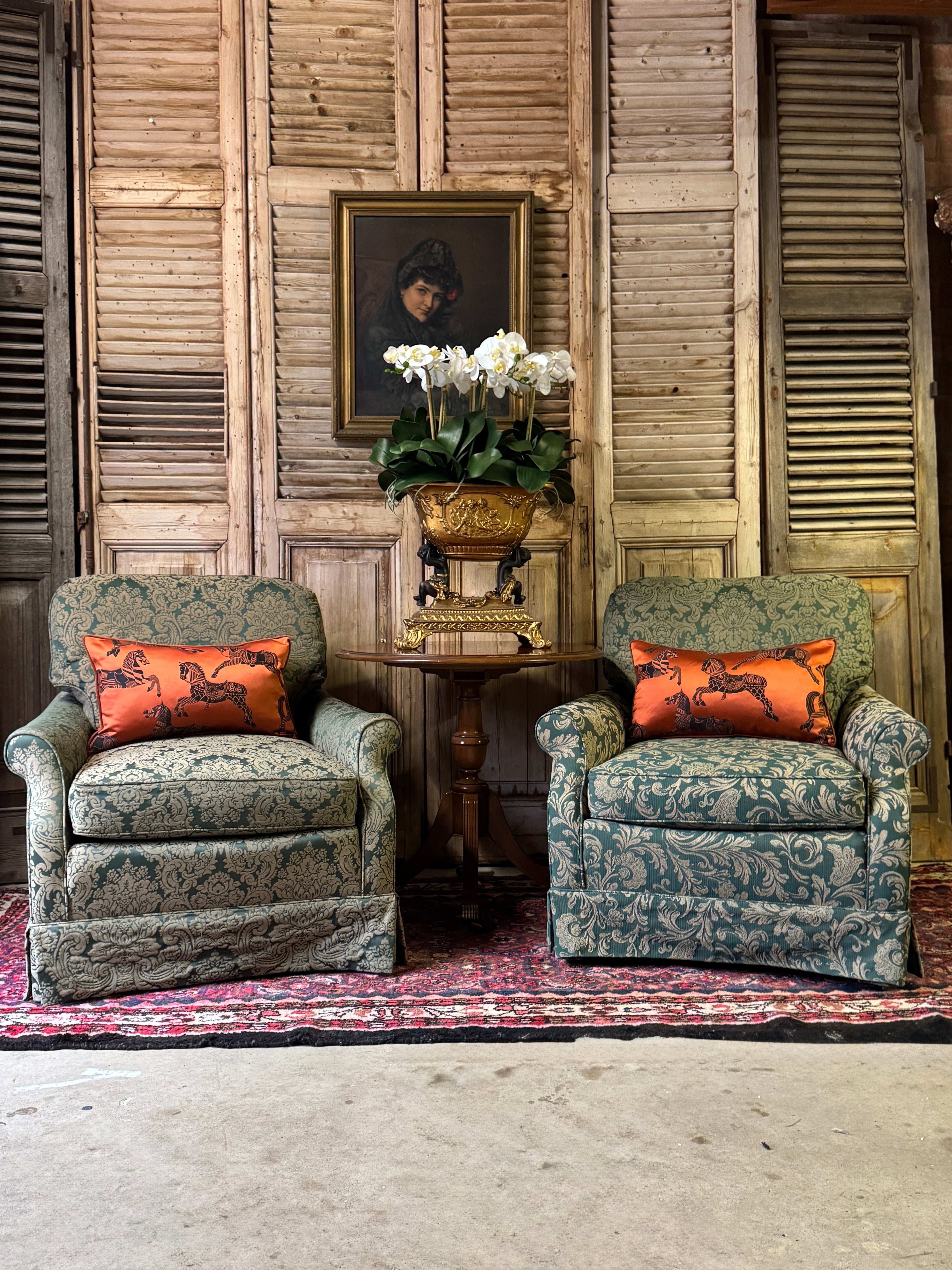 Vintage Green Damask & Floral Armchair