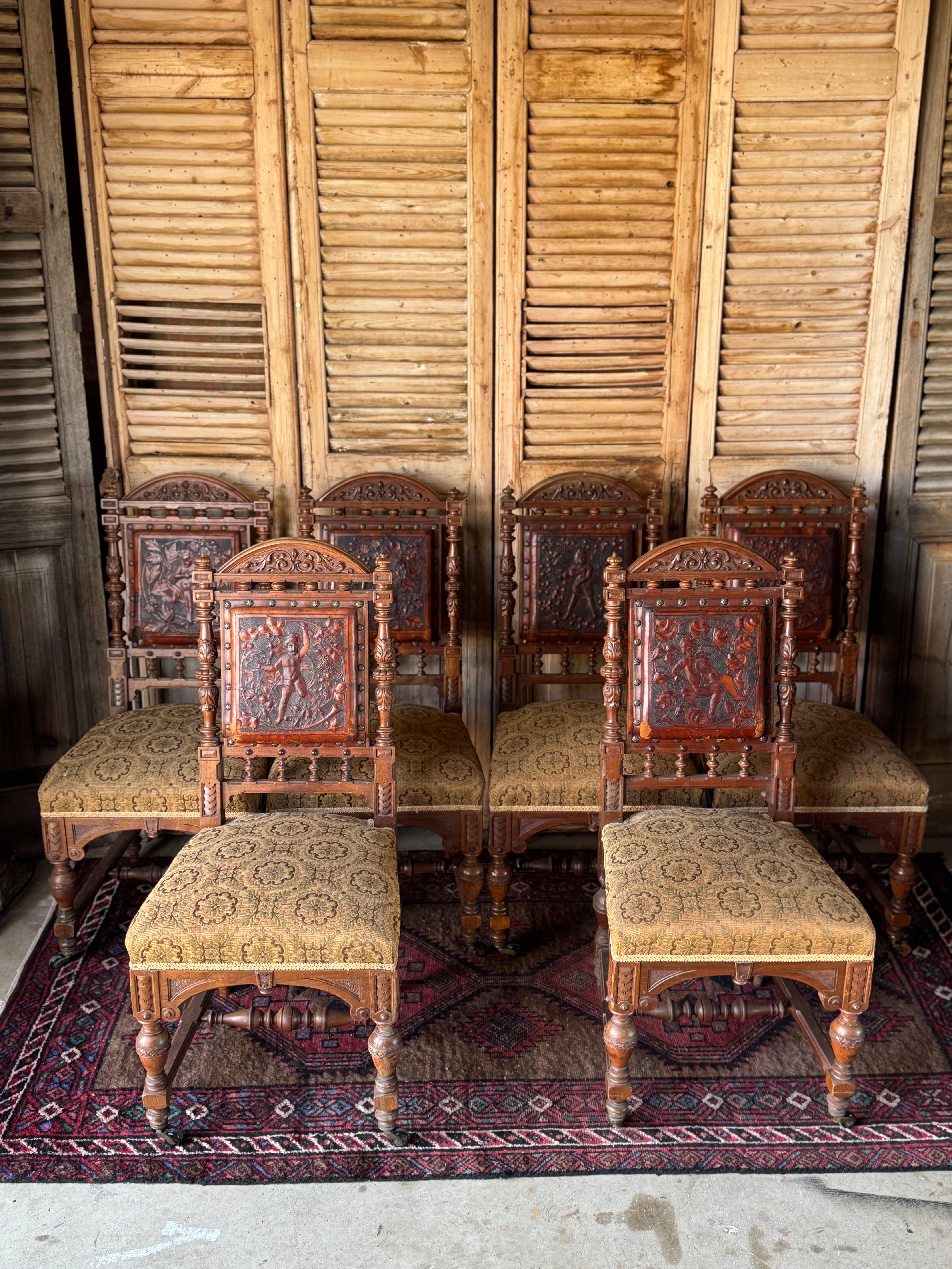 Set of 6 Antique 19th Century Renaissance Revival Dining Chairs with Embossed Leather Back Rests