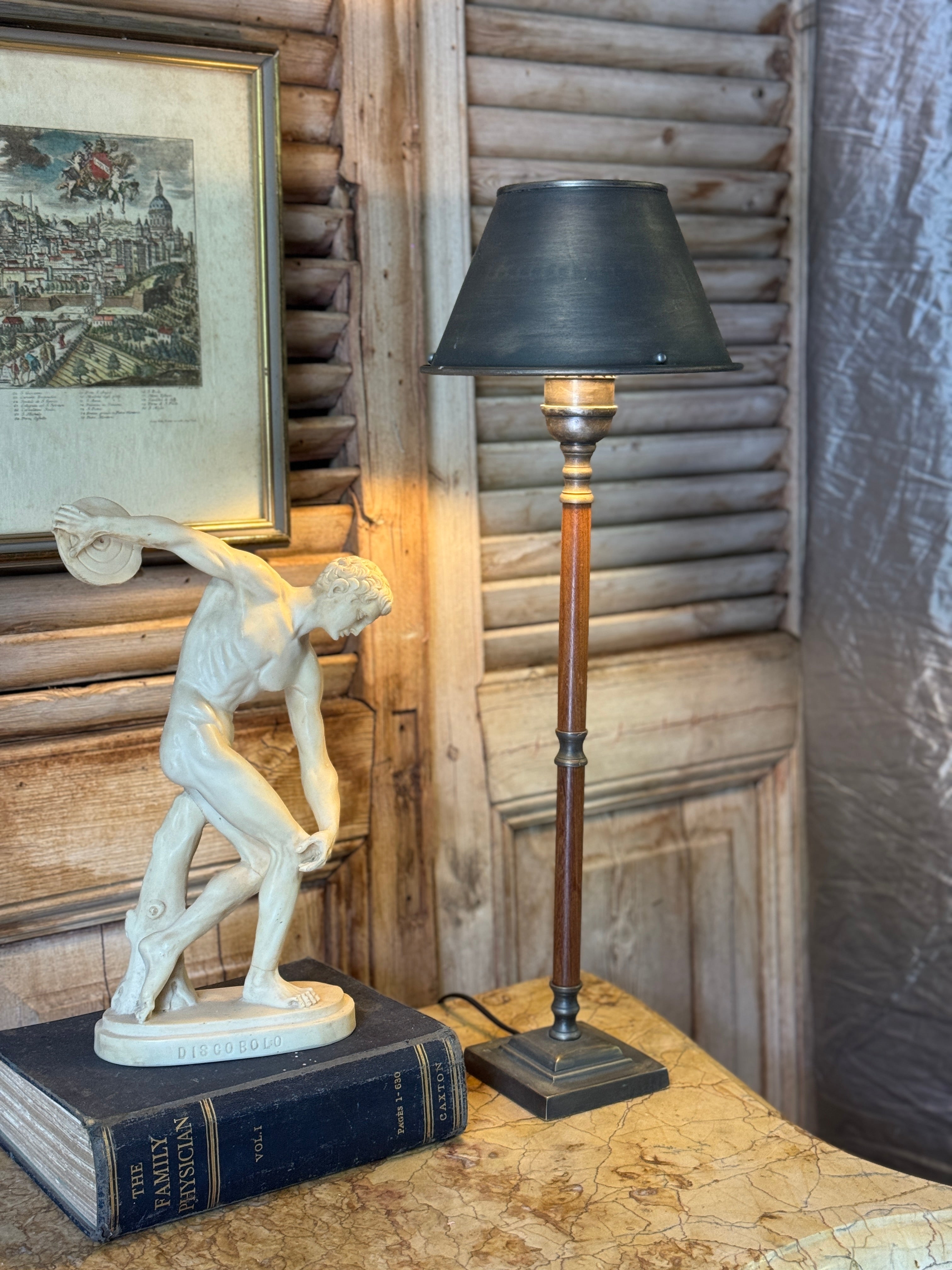 Vintage Turned Timber Table Lamp with Metal Drum Shade