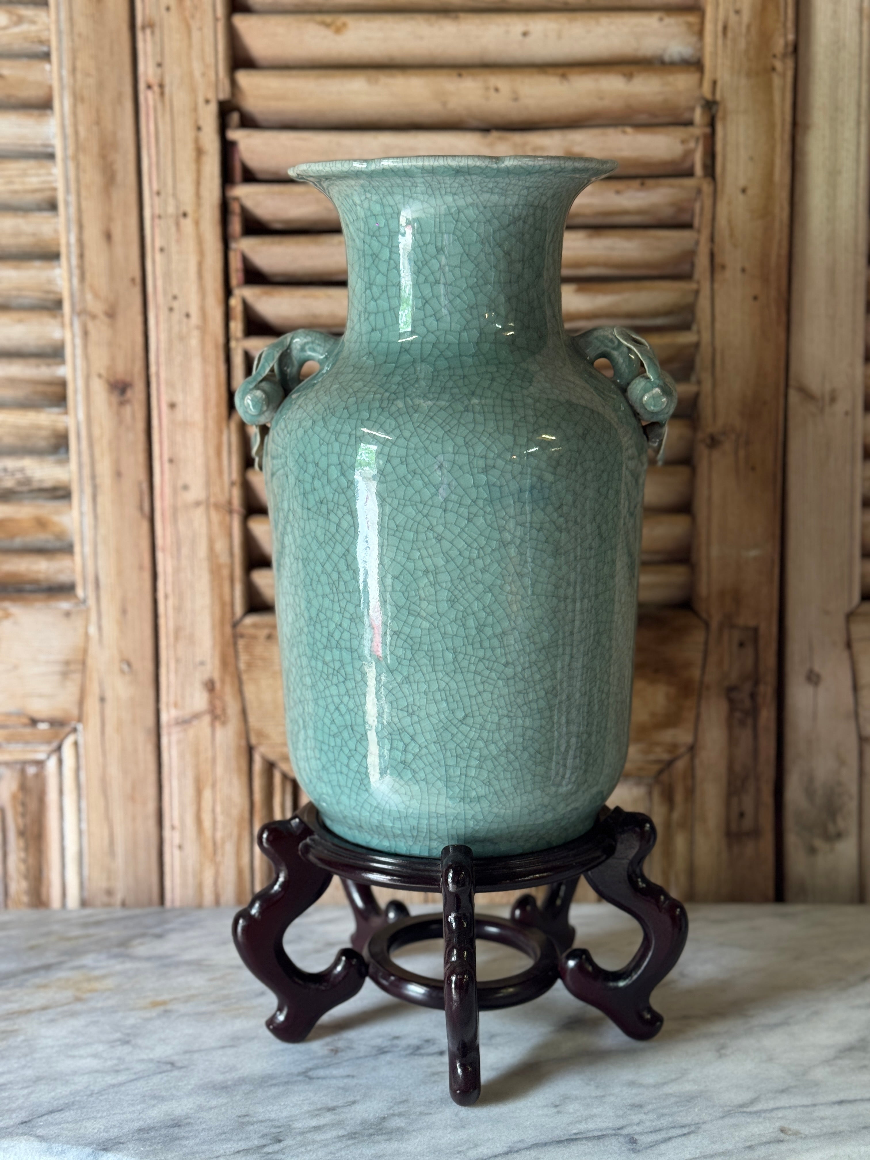 Large Chinese Celadon Crackle Glaze Vase on Carved Rosewood Stand