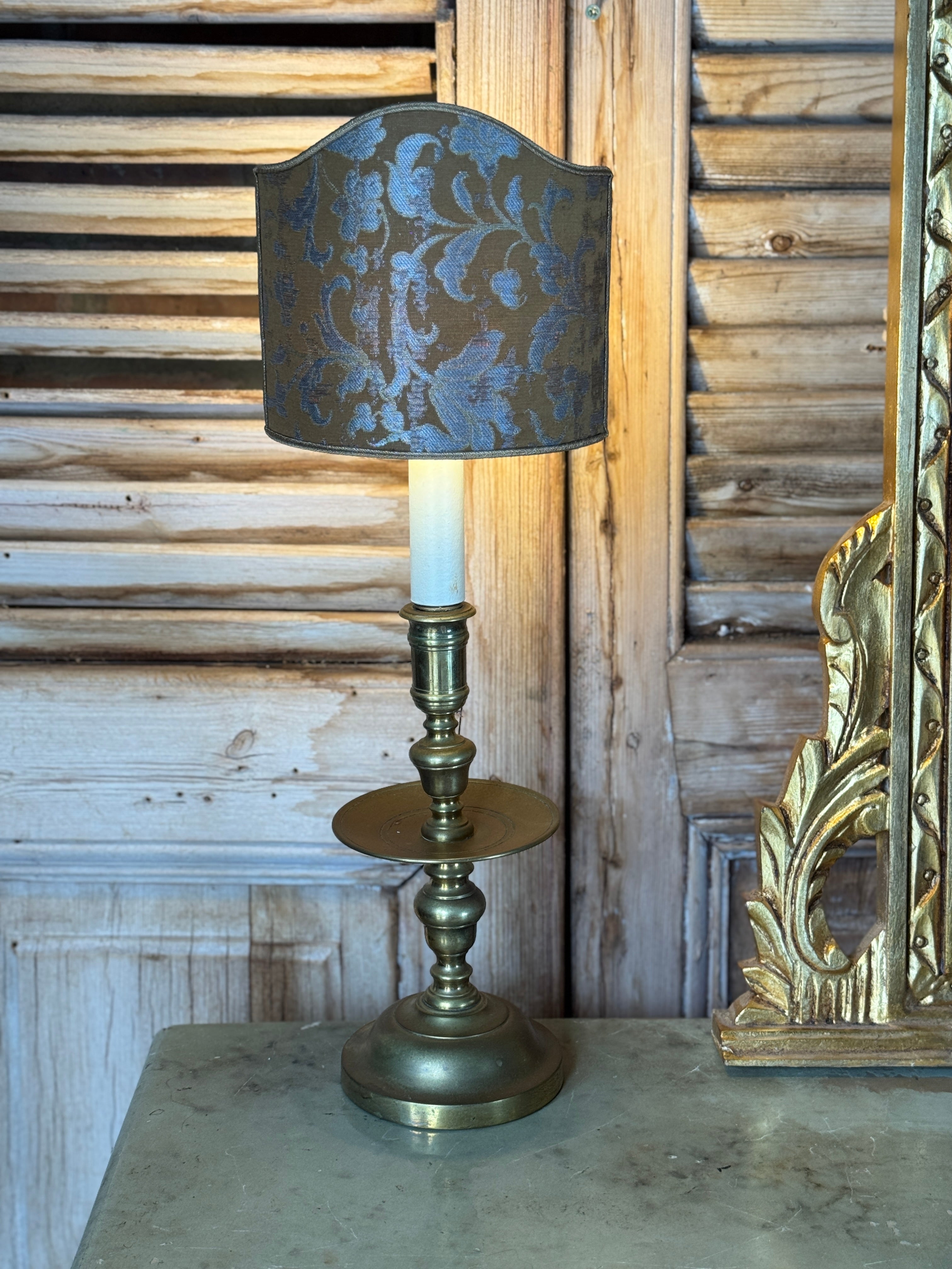 Pair of Antique 19th Century Brass Candlestick Lamps with Italian Made Shield Shades