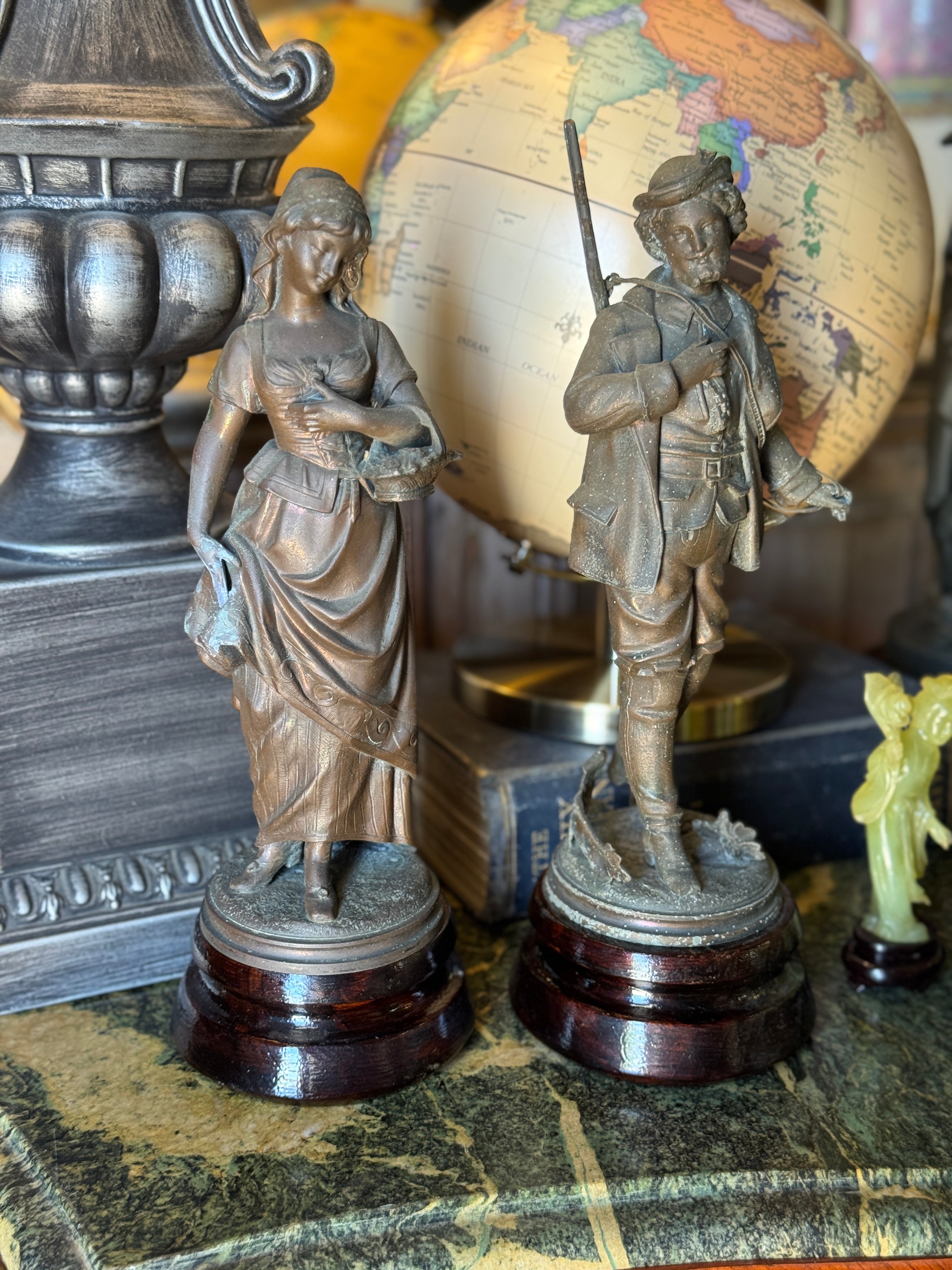 Pair of Vintage Brass Figures on Wooden Bases