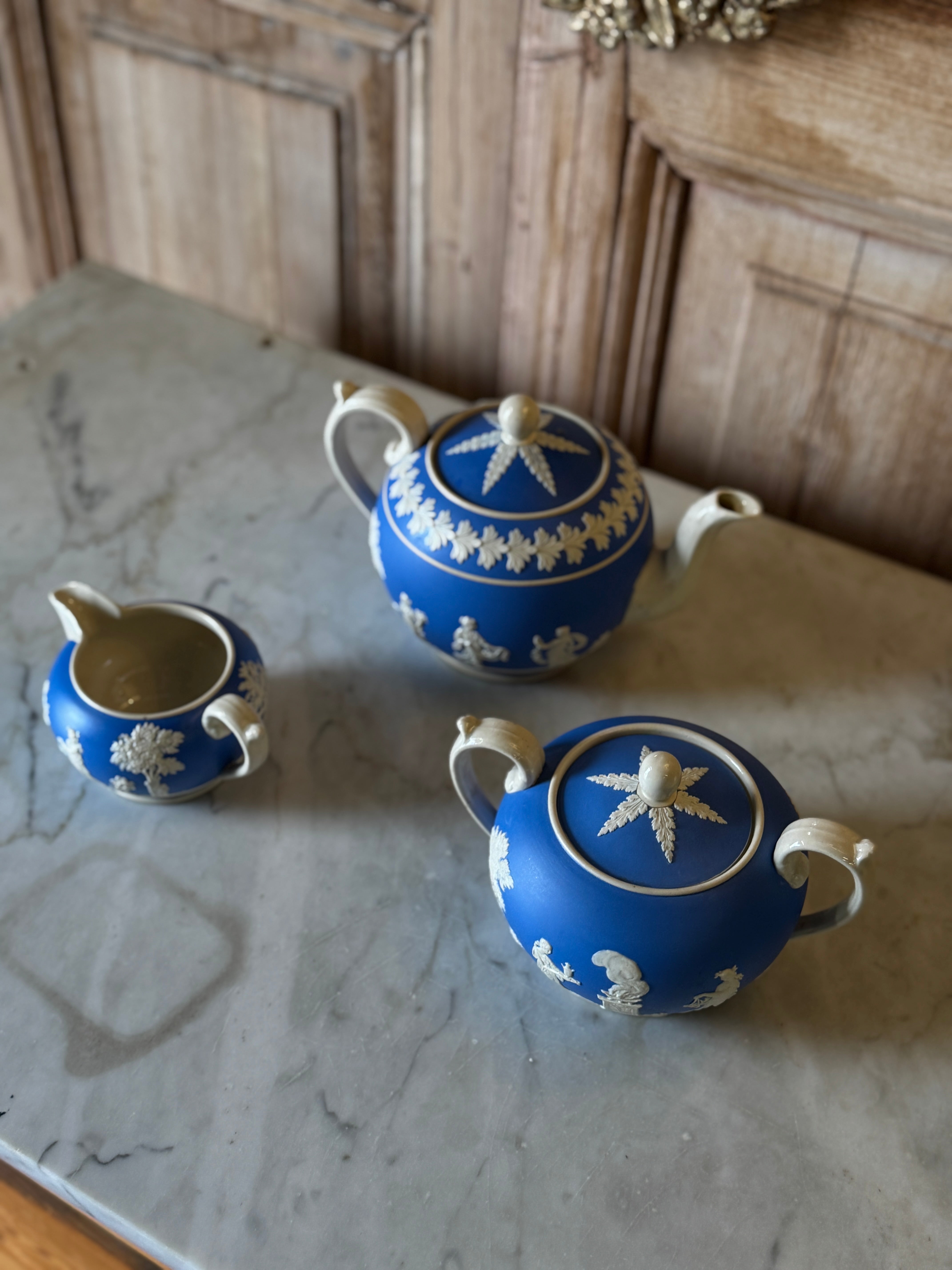 3-piece Copeland Jasperware Tea Set – Blue & White