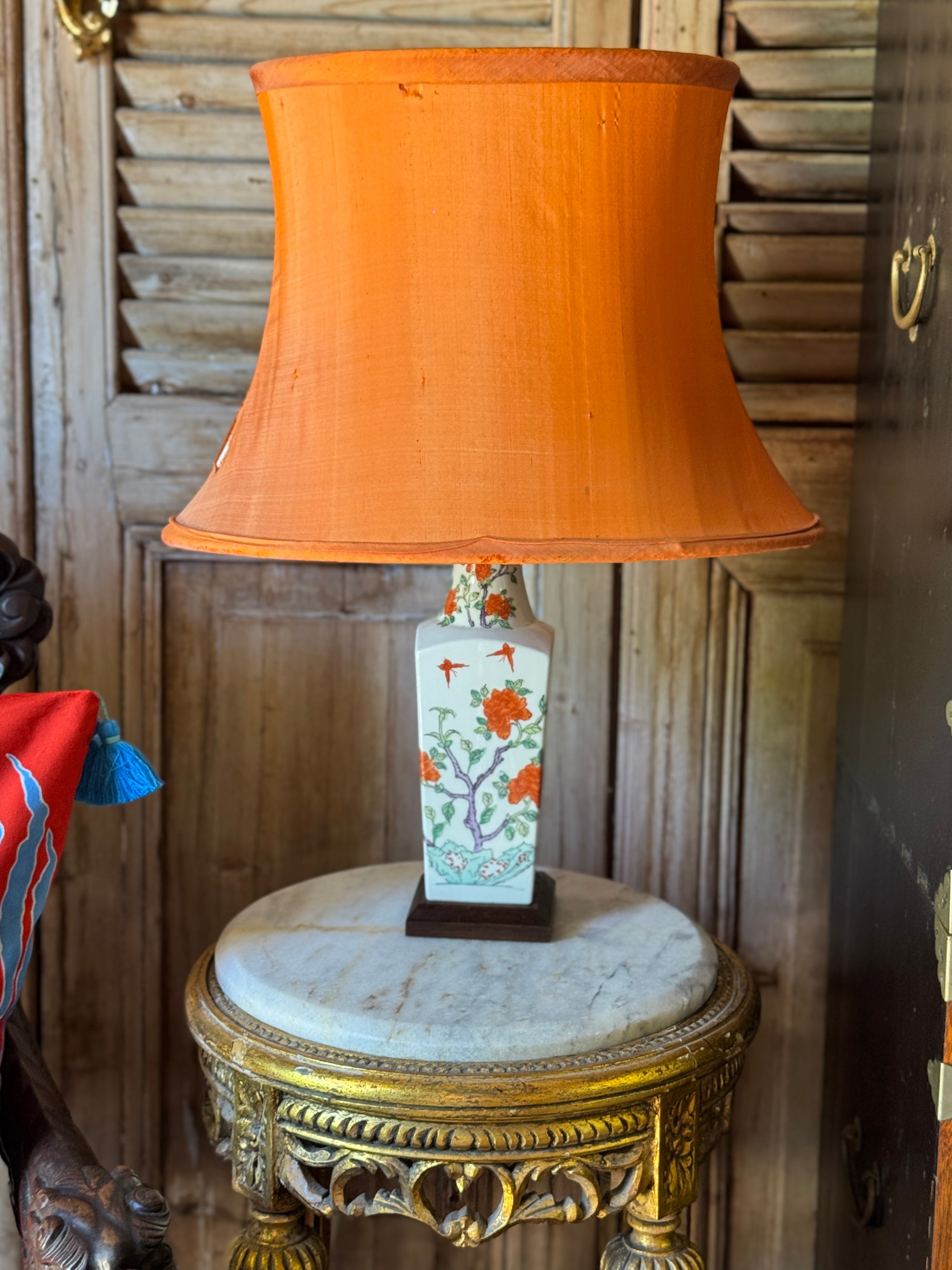 Vintage Chinese Porcelain Lamp with Silk Shade