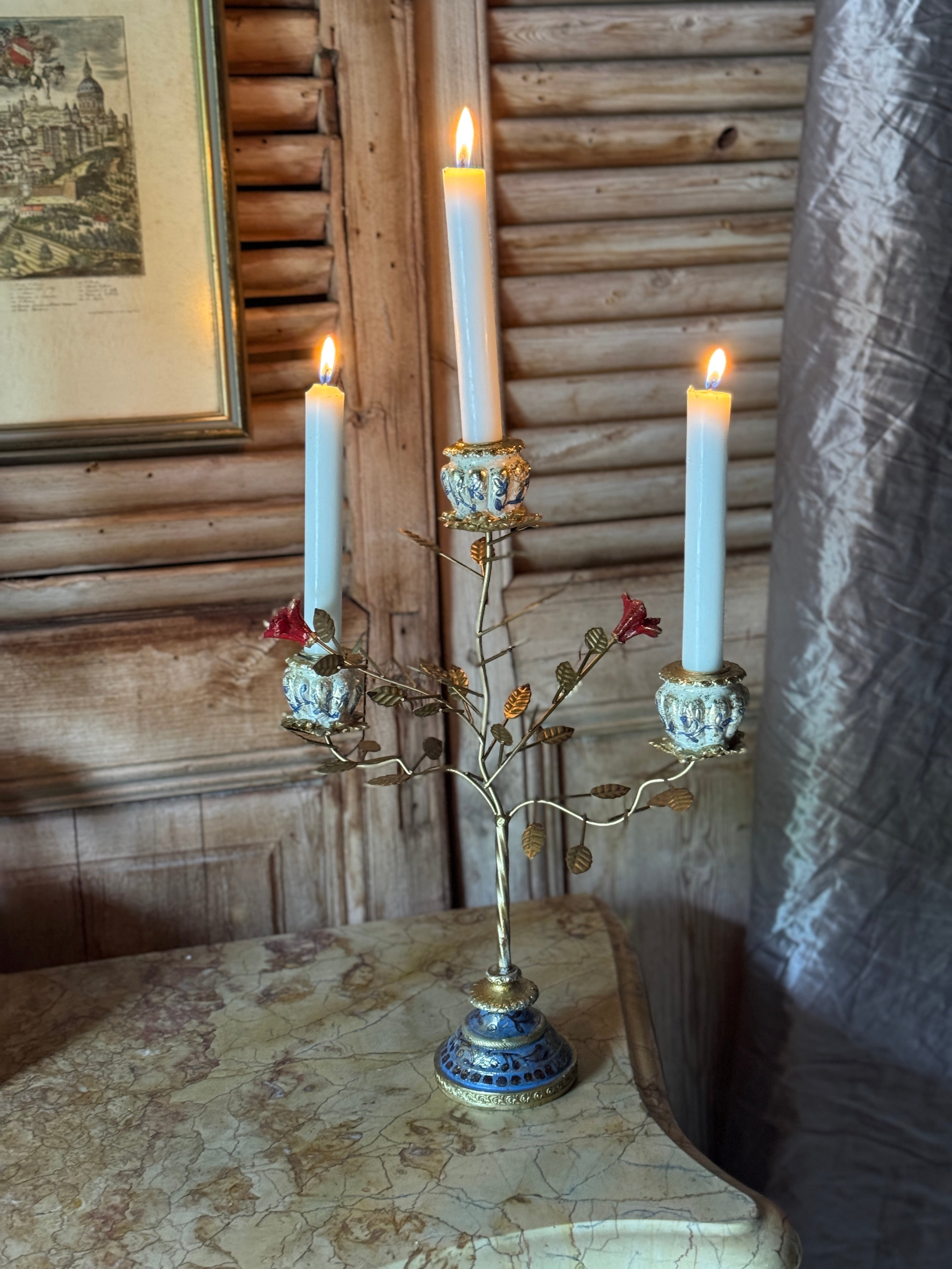 Three Arm Floral Candelabra – Blue & Gold