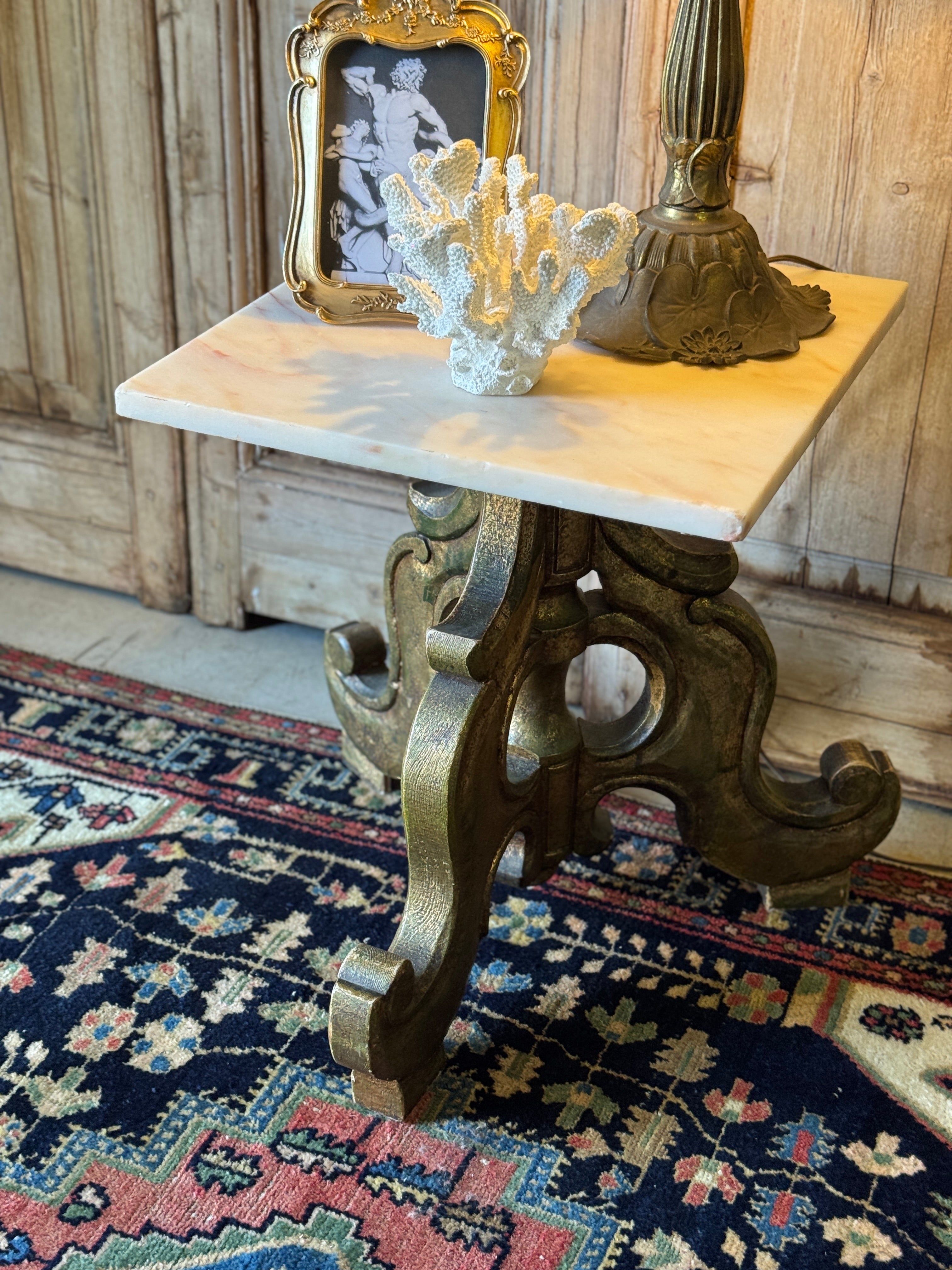 Vintage Carved Timber Side Table with Marble Top