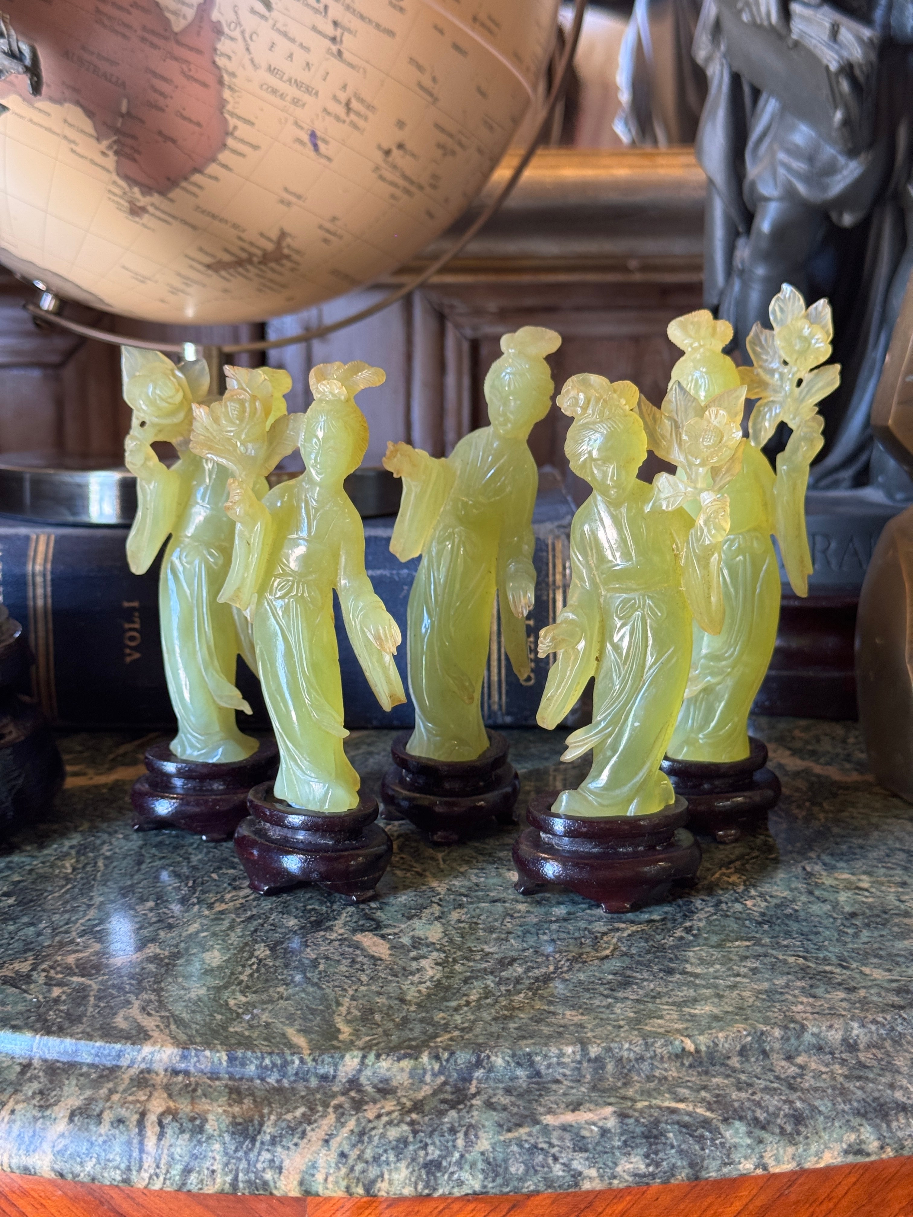 Set of 5 Vintage Chinese Carved Green Stone Courtesans