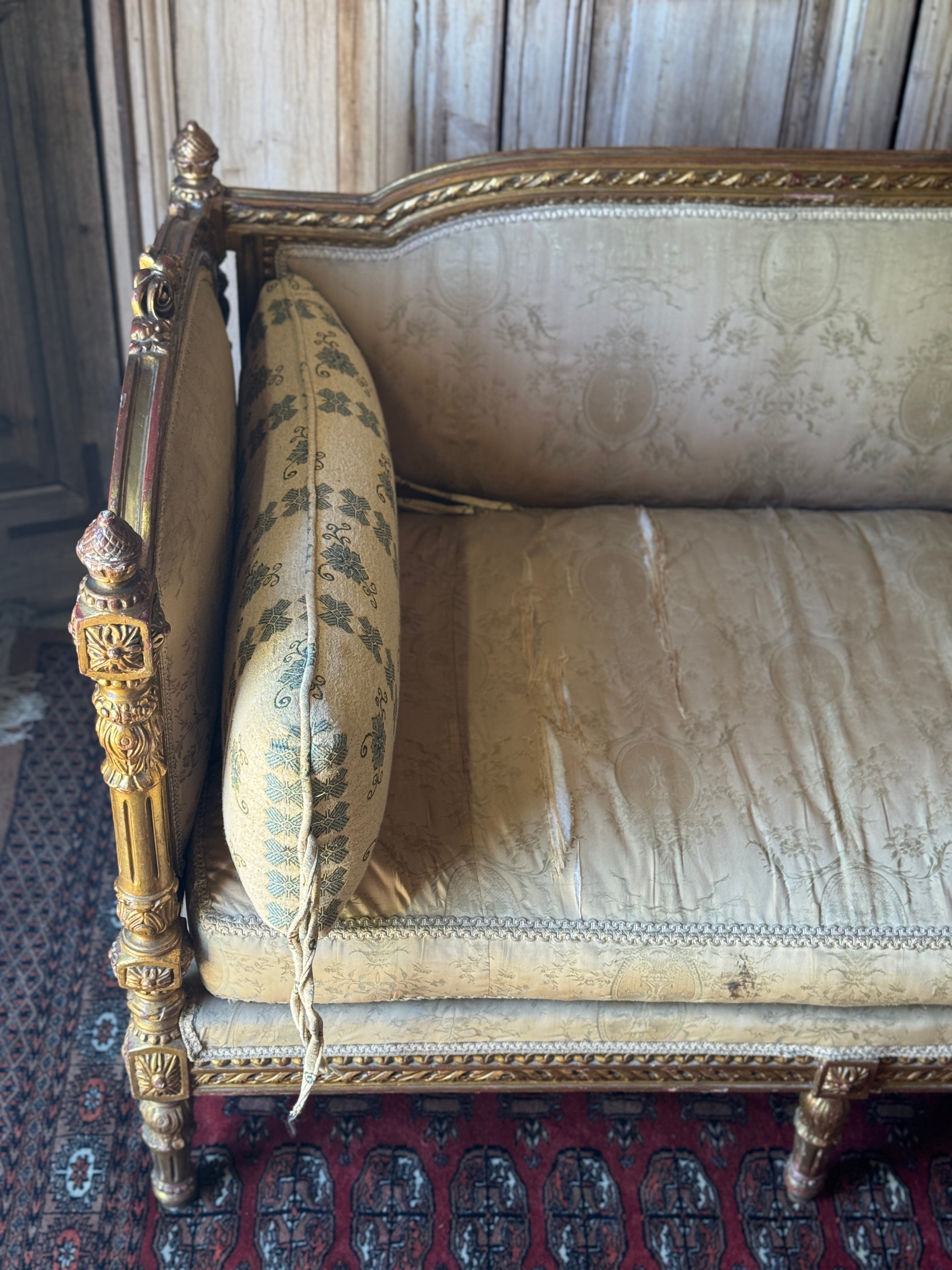 Antique French Louis XVI Style Giltwood Salon Sofa