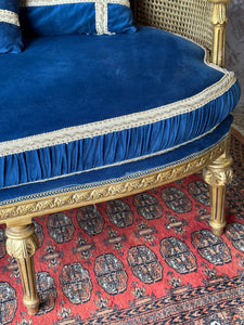 Vintage French Gilt Rattan Settee with Original Upholstery