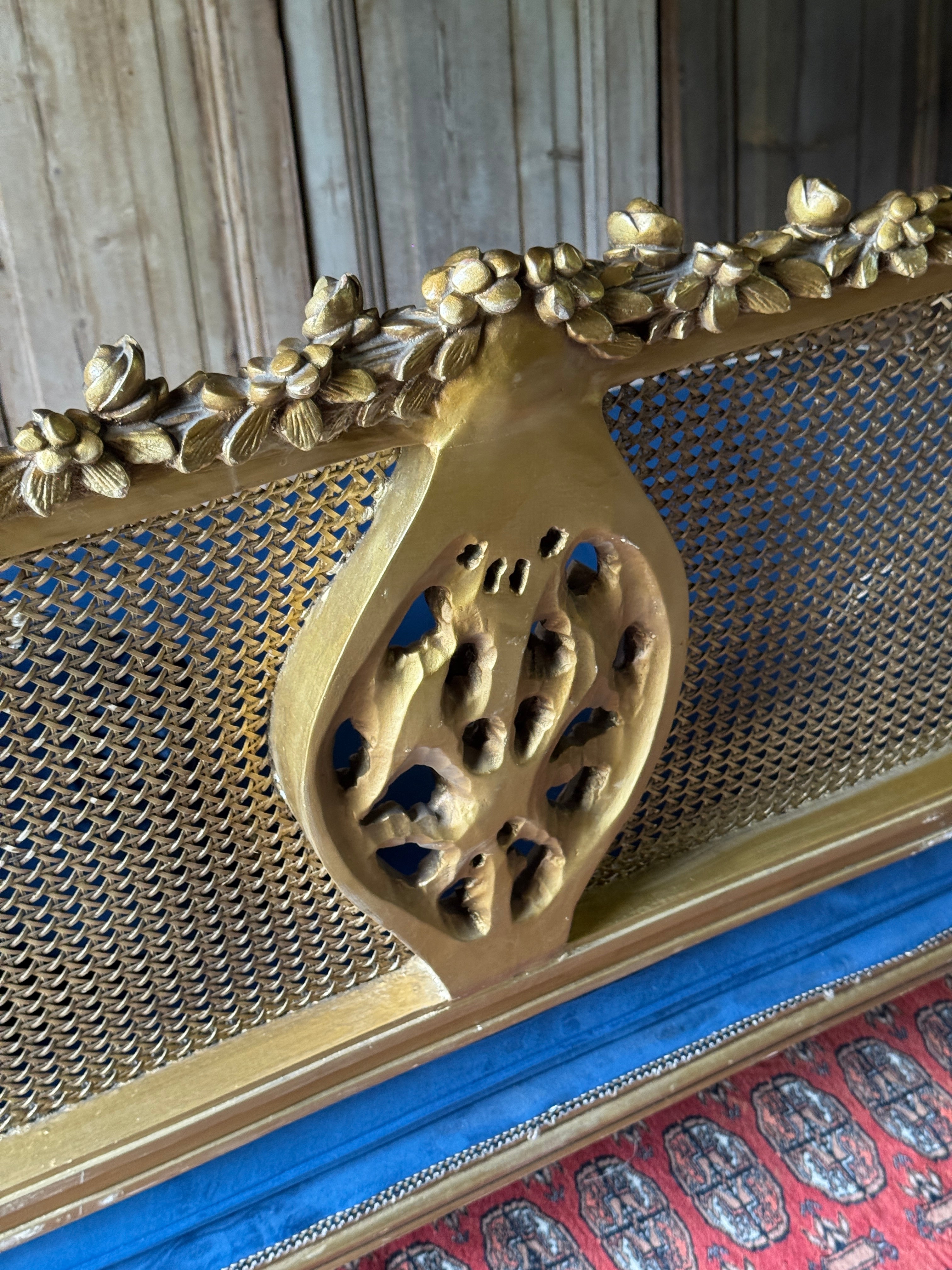 Vintage French Gilt Rattan Settee with Original Upholstery