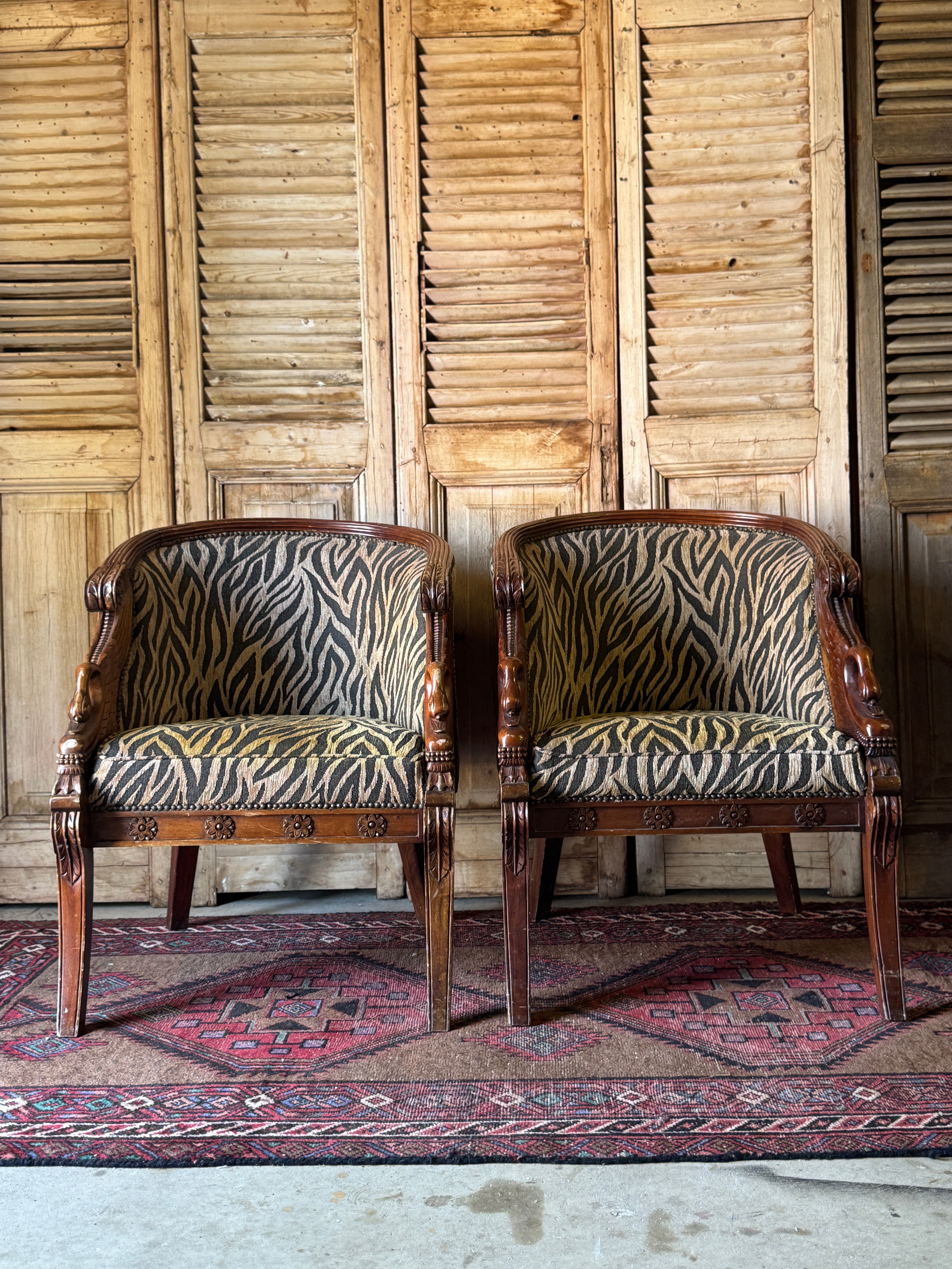 Pair of Carved Timber Empire Tub Chairs with Zebra Upholstery