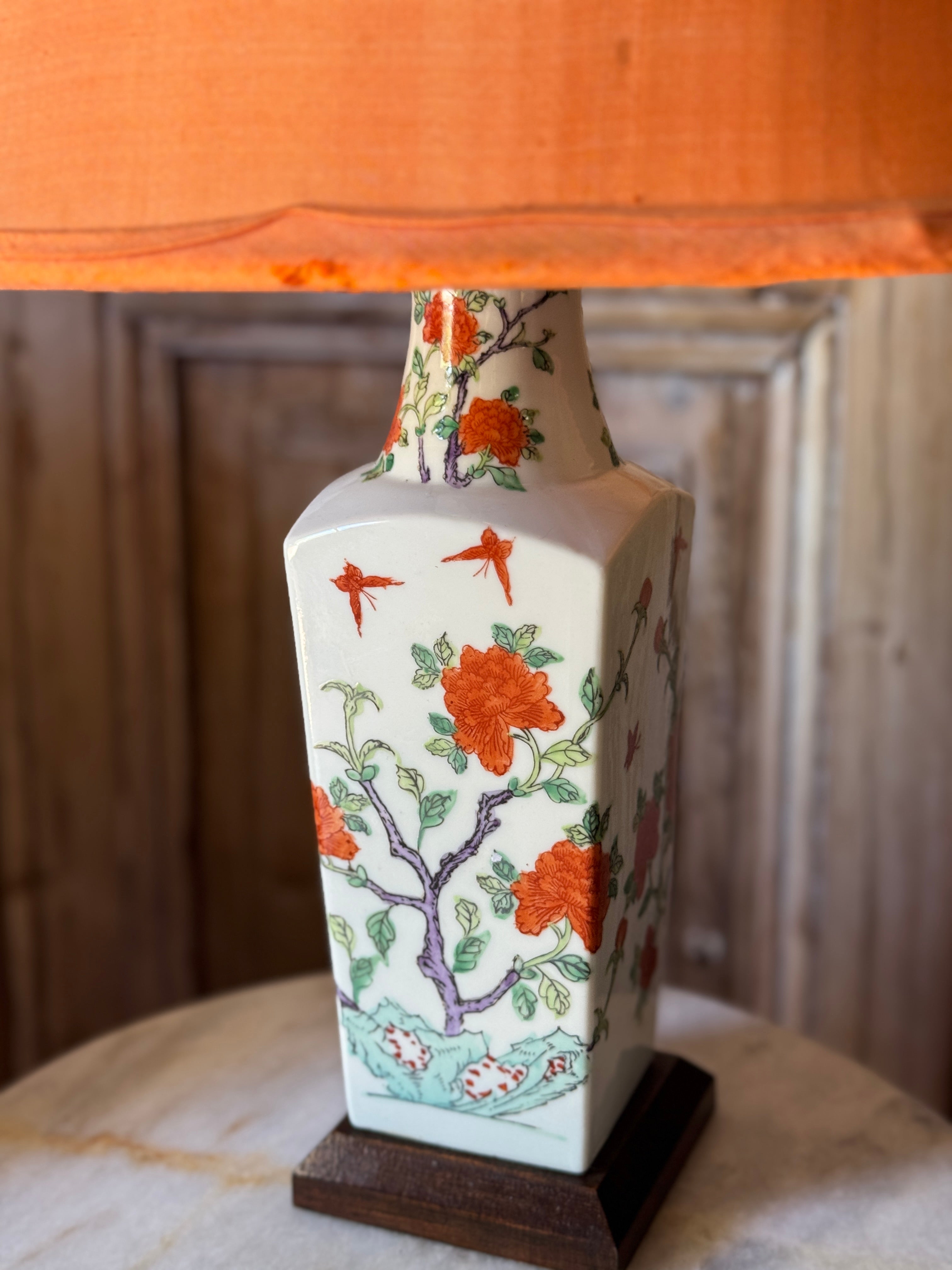 Vintage Chinese Porcelain Lamp with Silk Shade