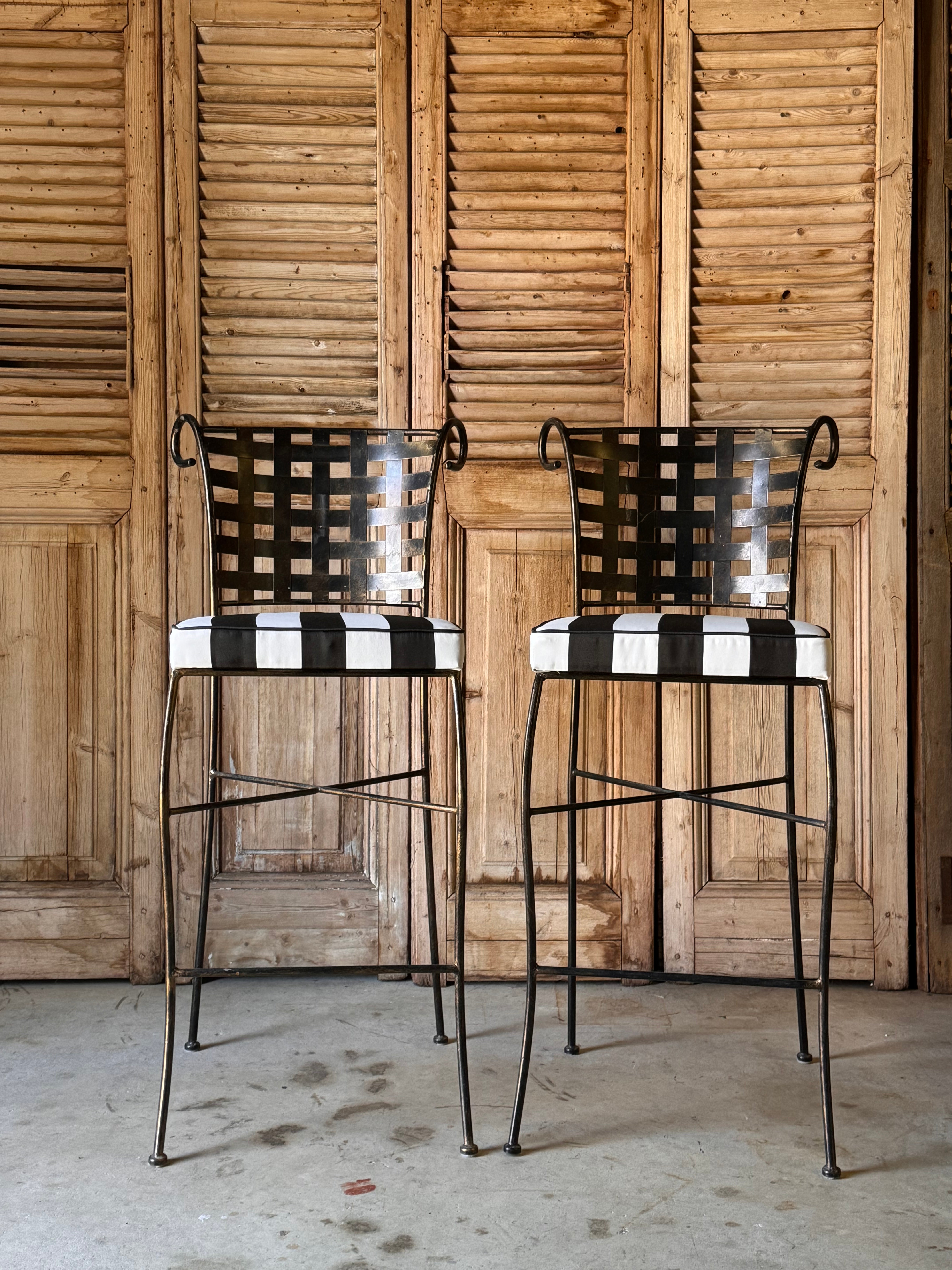 Pair of Vintage French Metal Bar / Outdoor Stools with New Upholstery