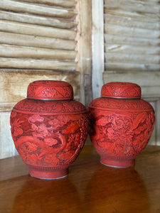 Pair of Vintage Chinese Carved Red Cinnabar Lidded Ginger Jars