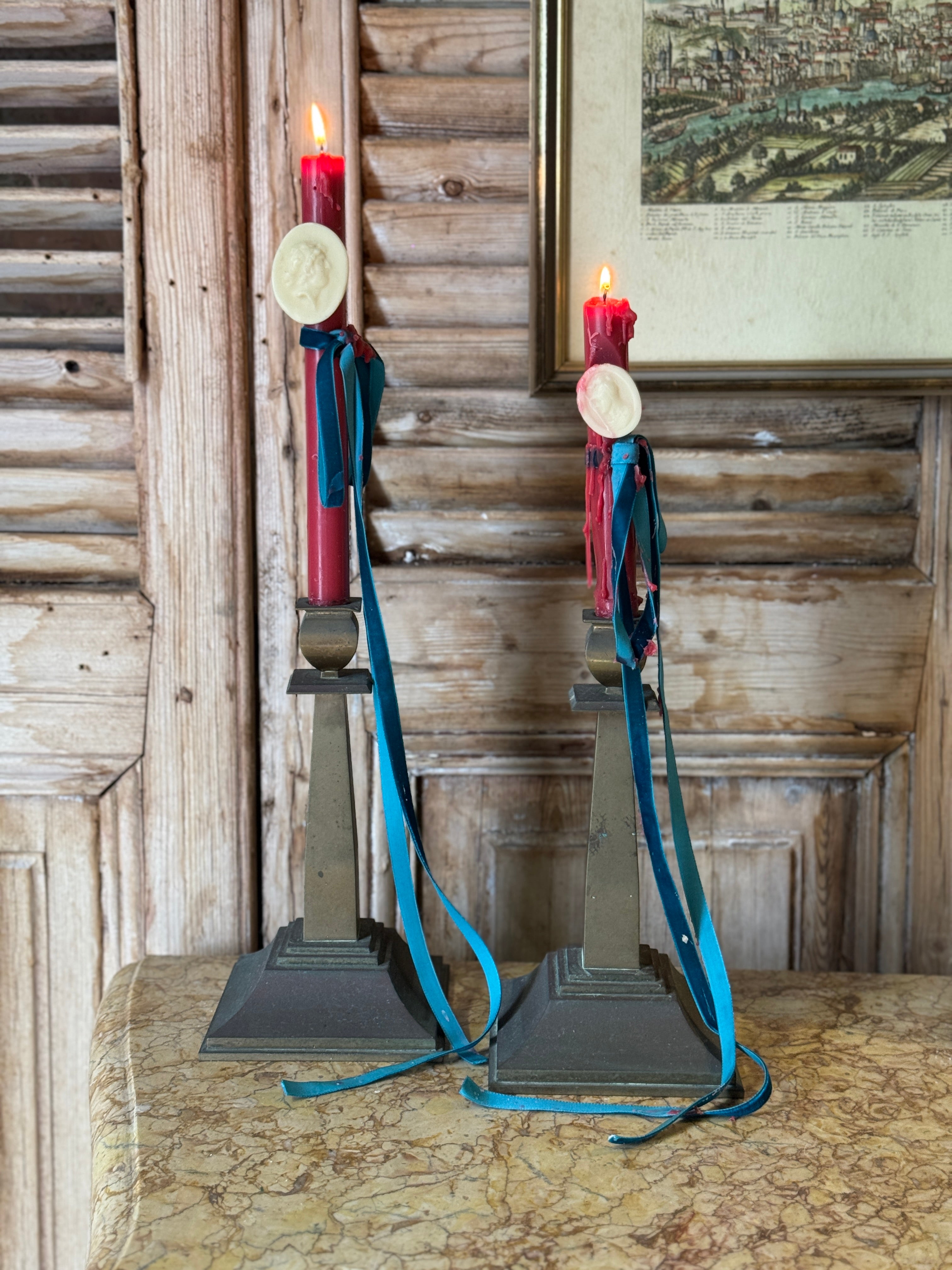 Pair of Vintage Brass Obelisk Candlesticks