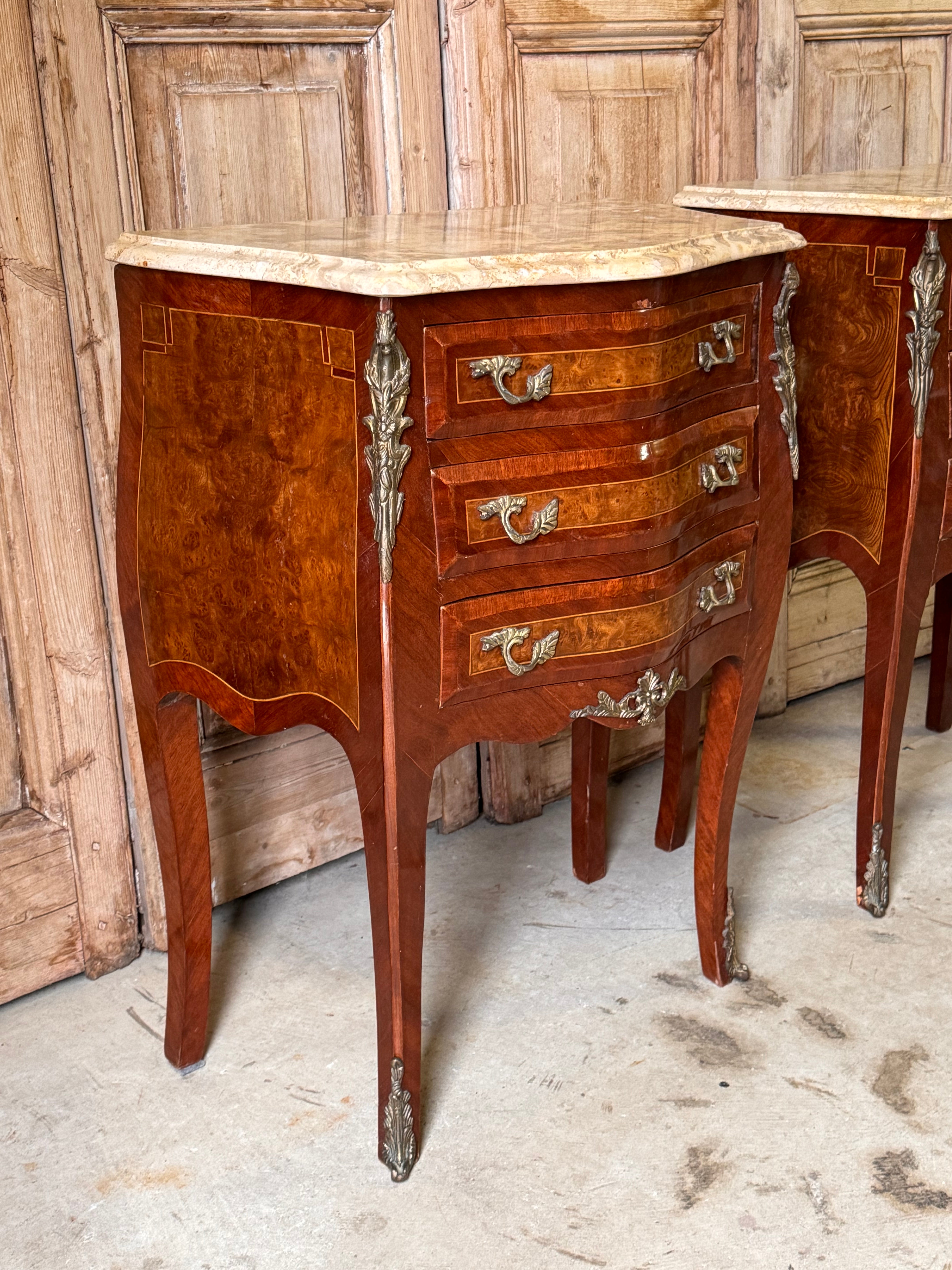 Pair of Vintage French Bedside Tables with Marble Tops