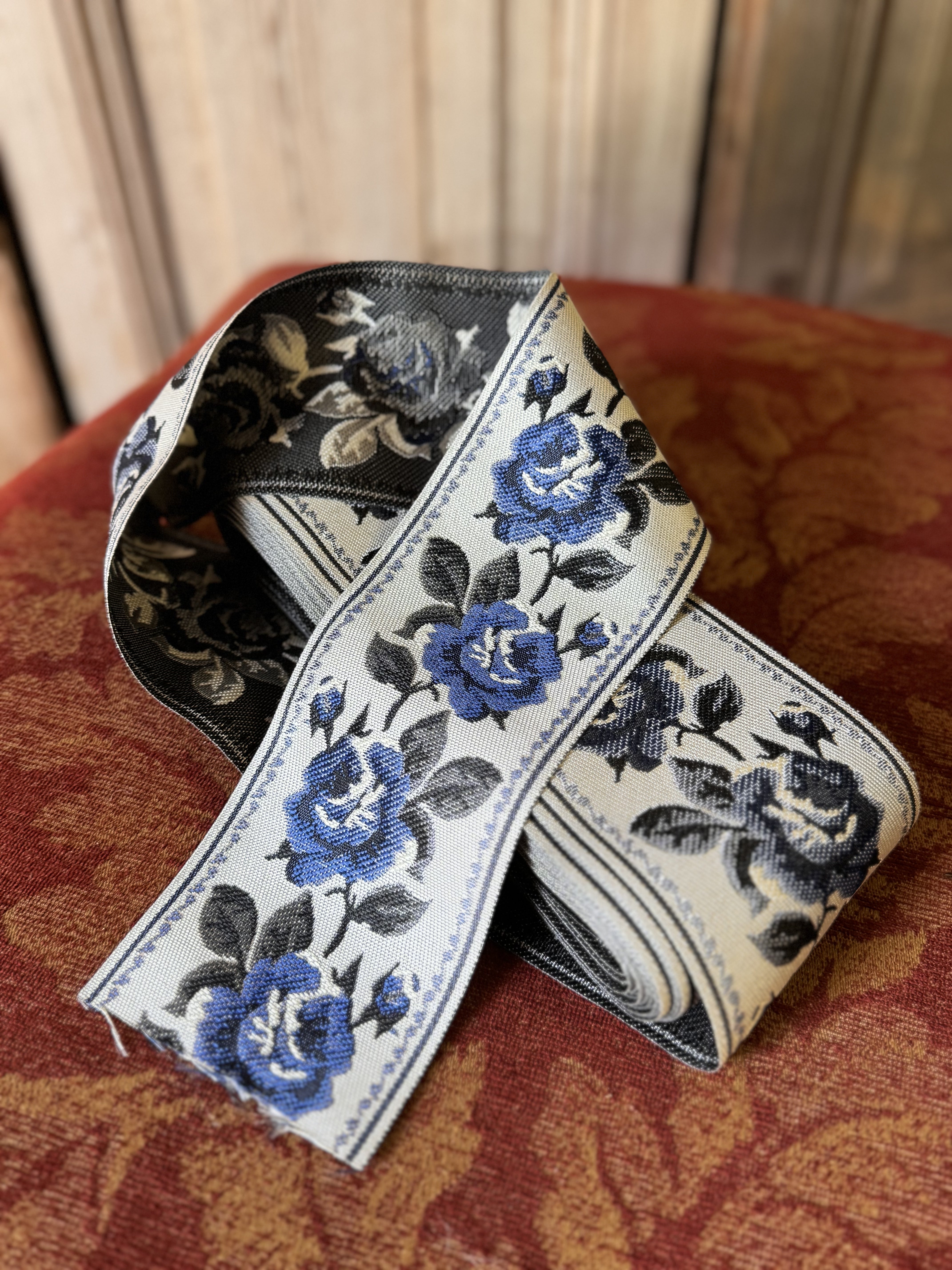 Luxe Blue & White Woven Jacquard Christmas Tree Ribbon (12m roll)