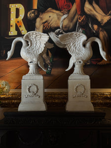 Pair of Cast Iron Swans on Pedestals