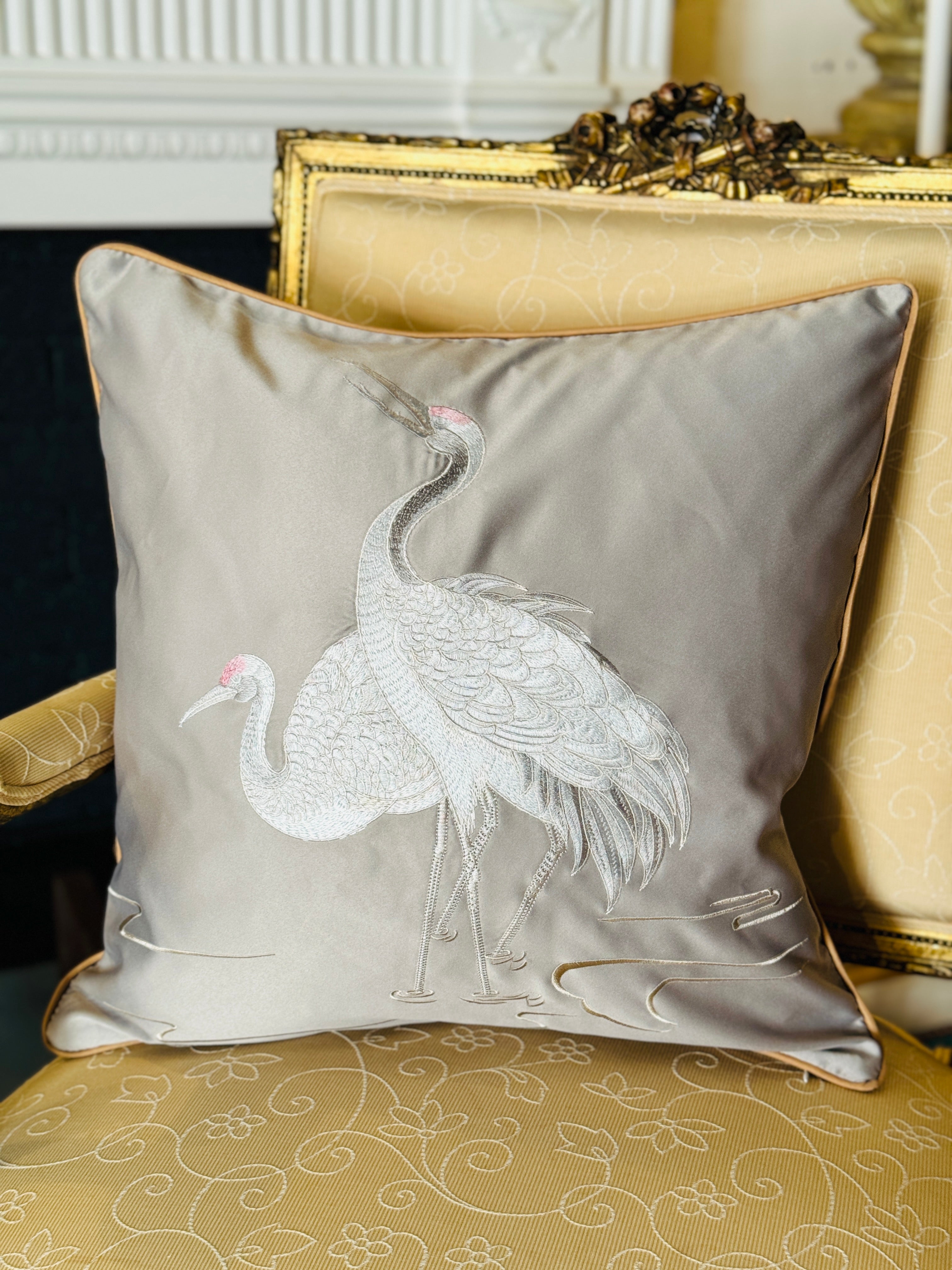 Oriental Cranes Grey Silk Cushion